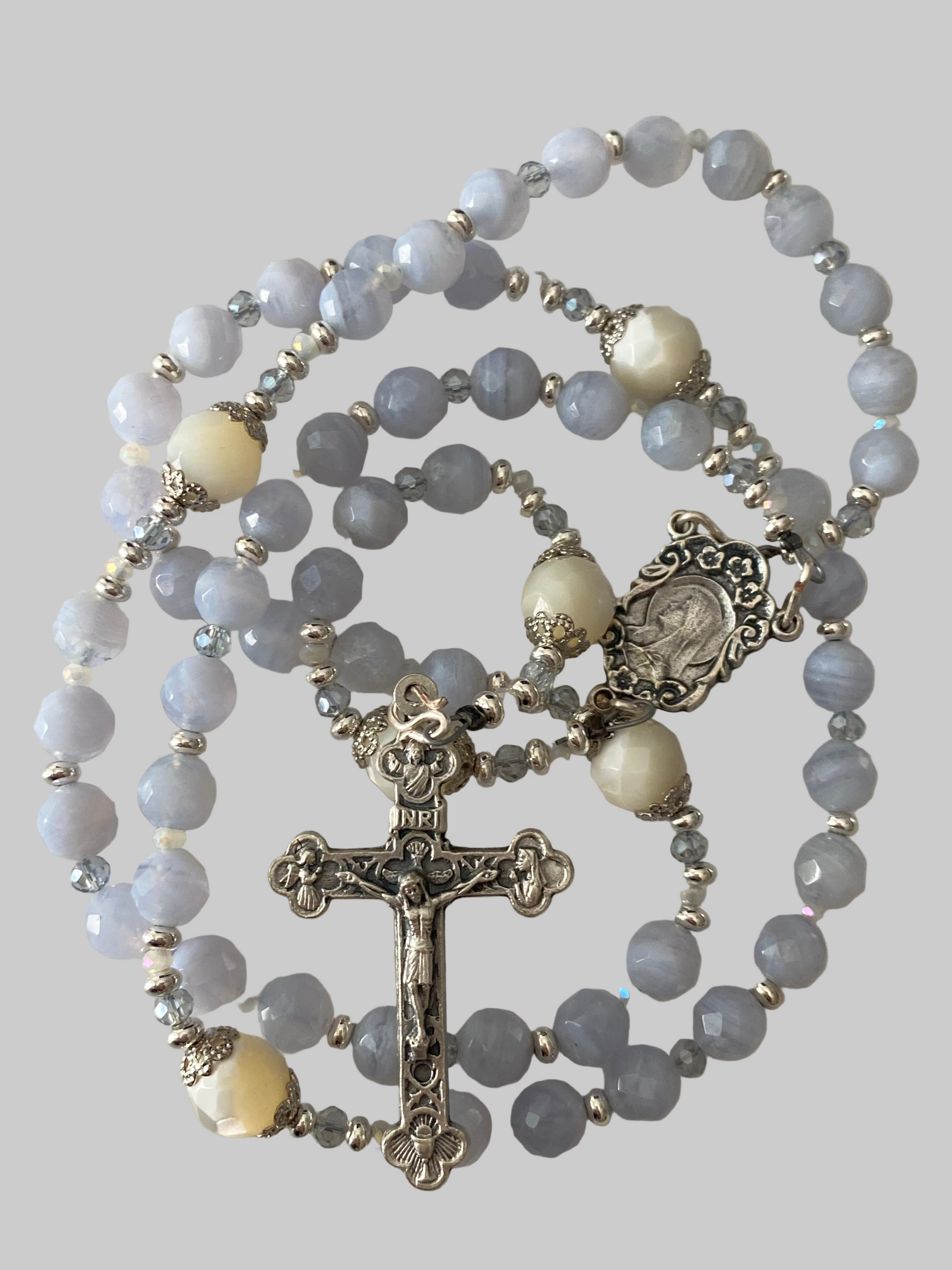 Blue Angel Lace Agate and Mother of Pearl Rosary