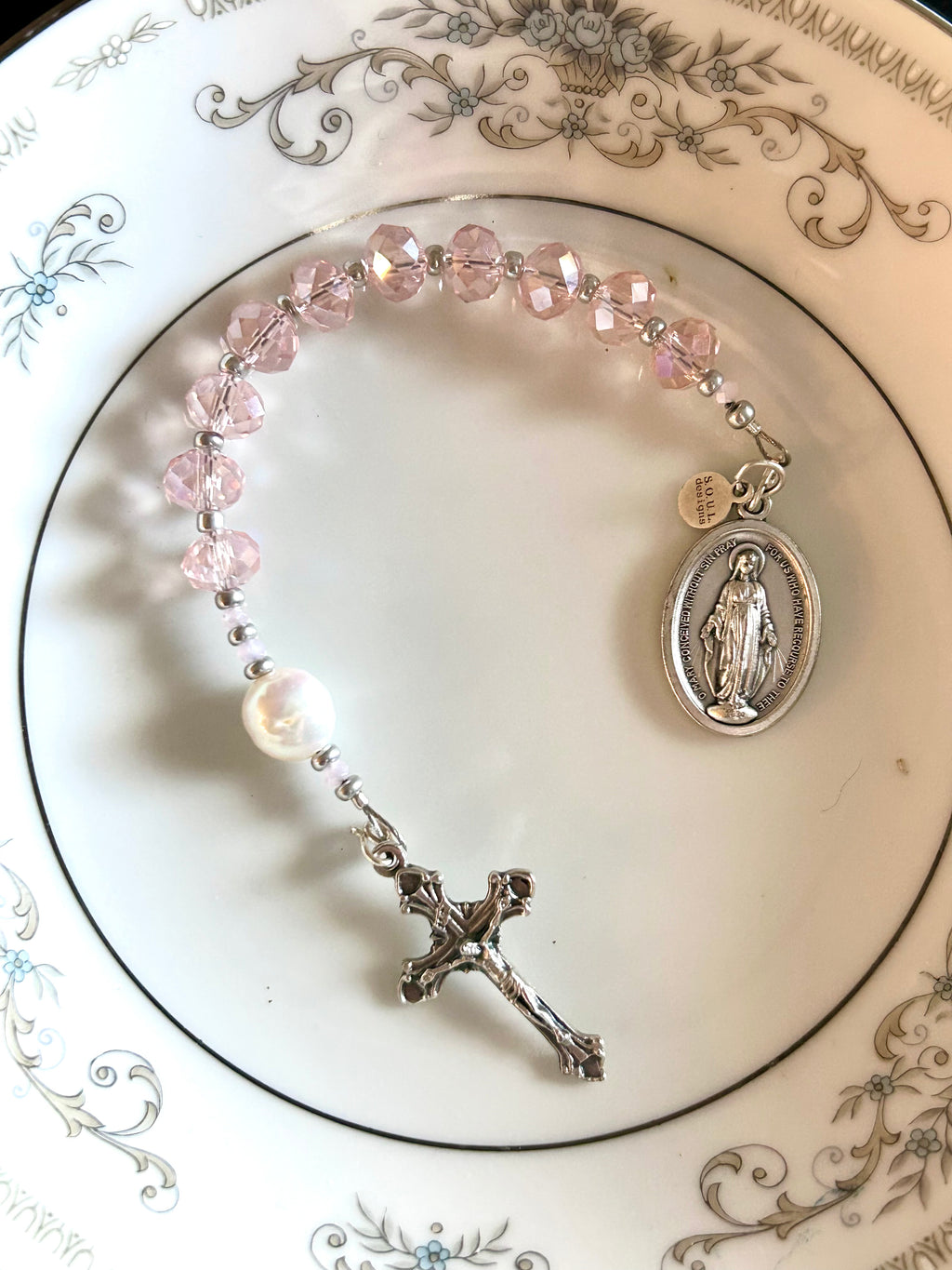 Pink Crystal and Genuine Pearl Pocket Rosary