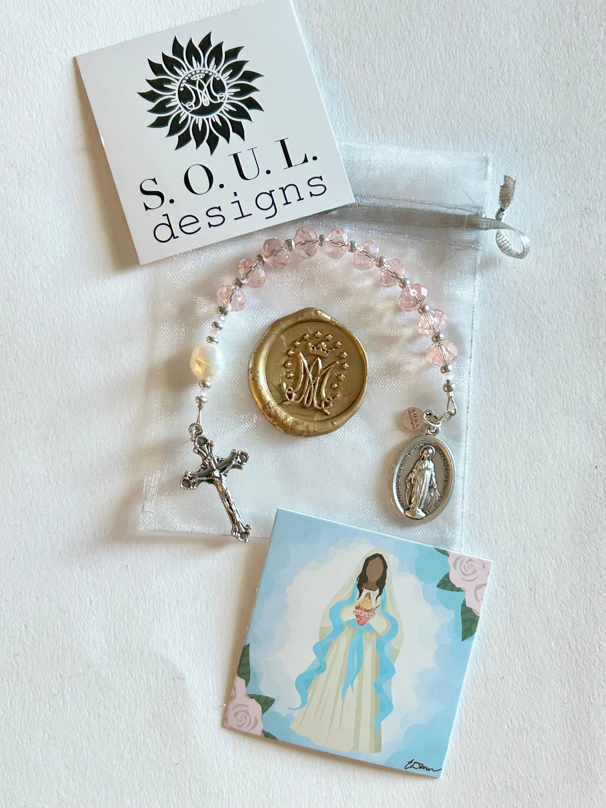 Pink Crystal and Genuine Pearl Pocket Rosary