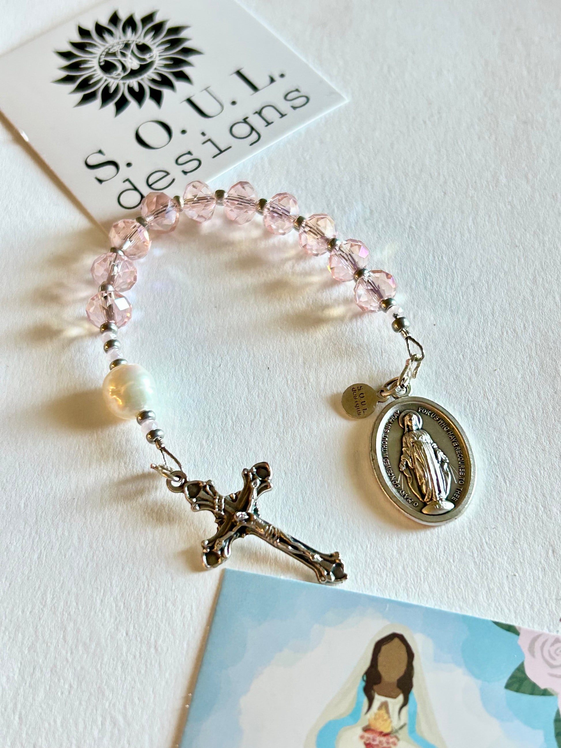 Pink Crystal and Genuine Pearl Pocket Rosary