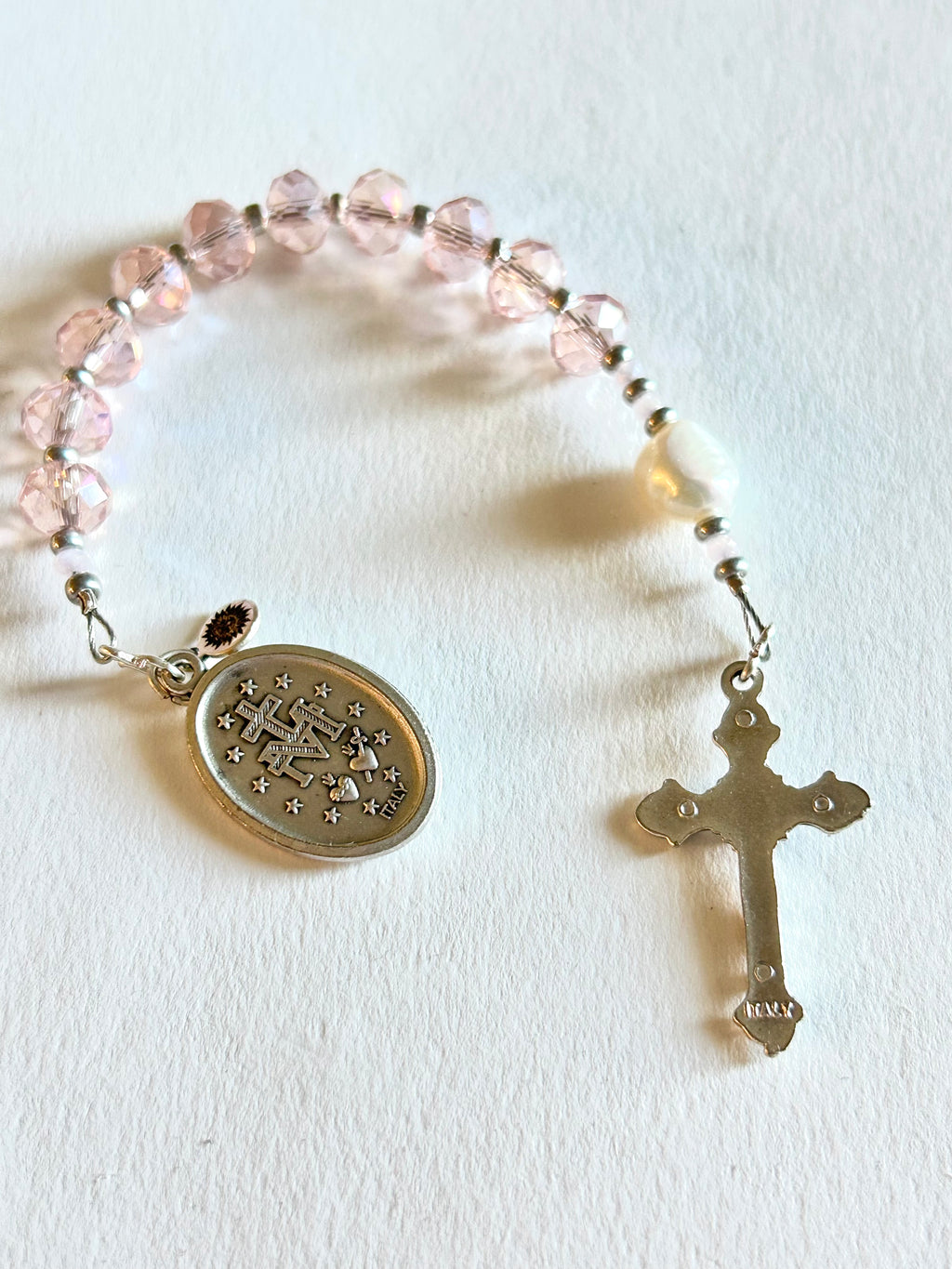 Pink Crystal and Genuine Pearl Pocket Rosary