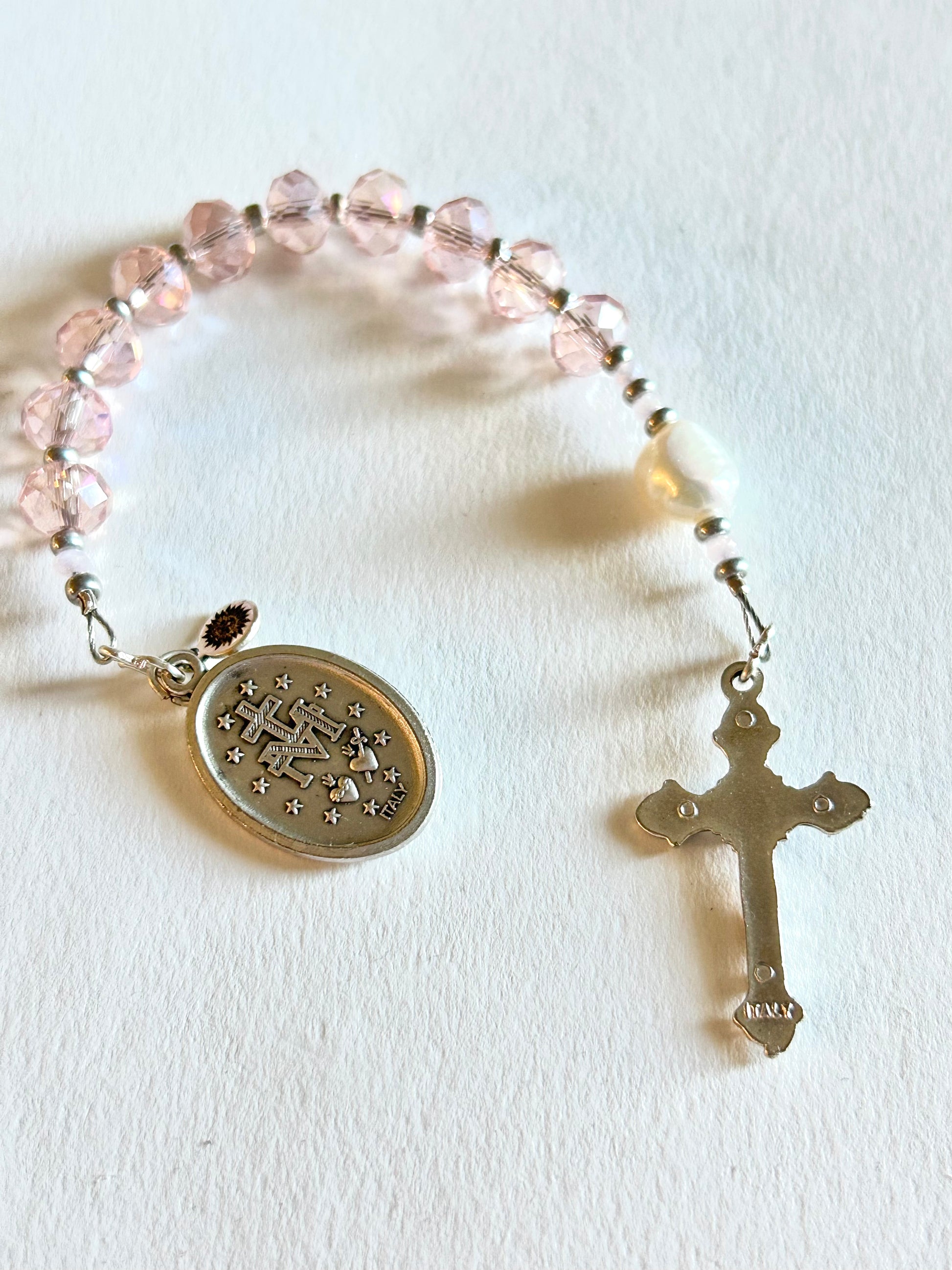 Pink Crystal and Genuine Pearl Pocket Rosary