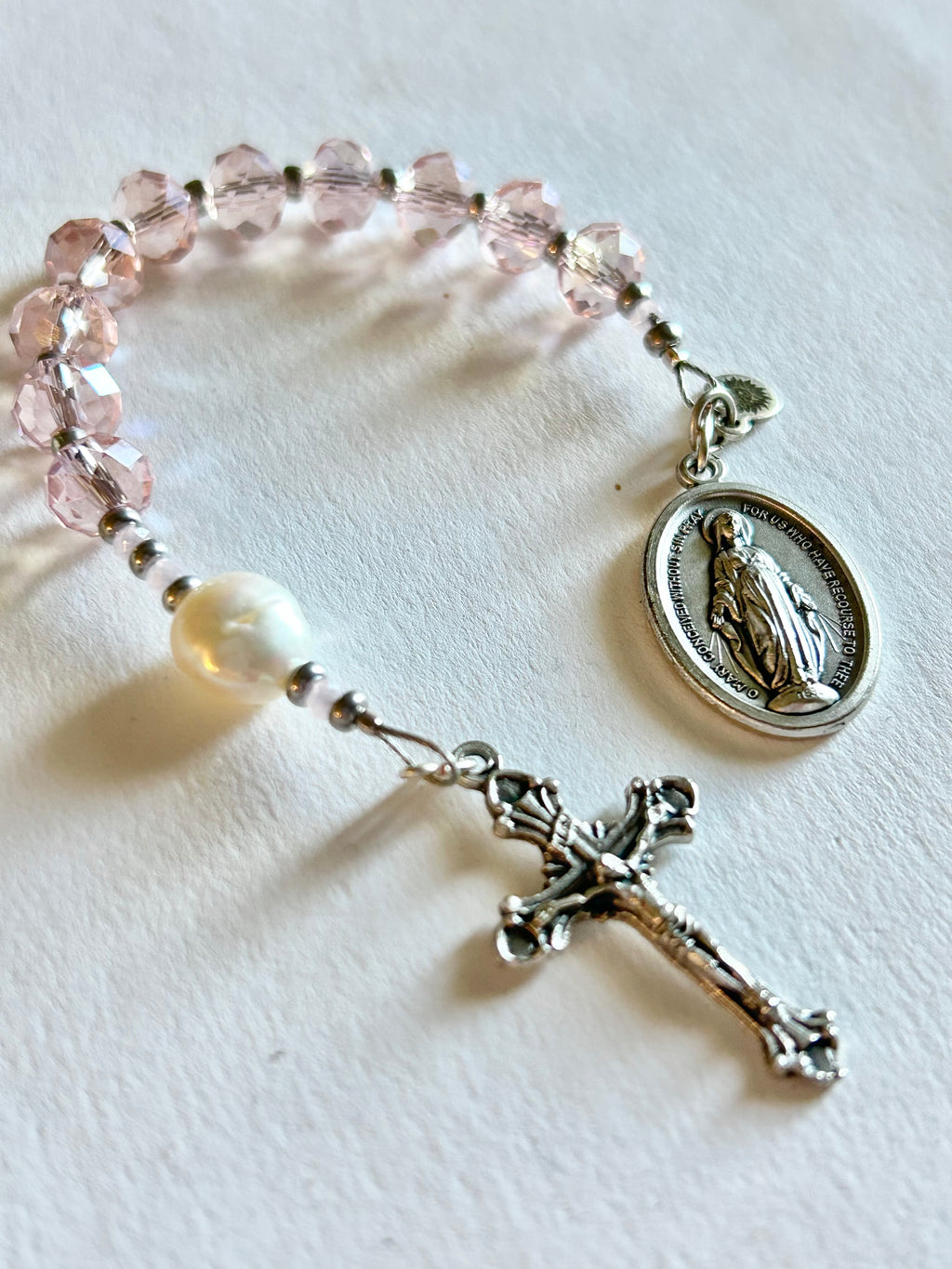 Pink Crystal and Genuine Pearl Pocket Rosary