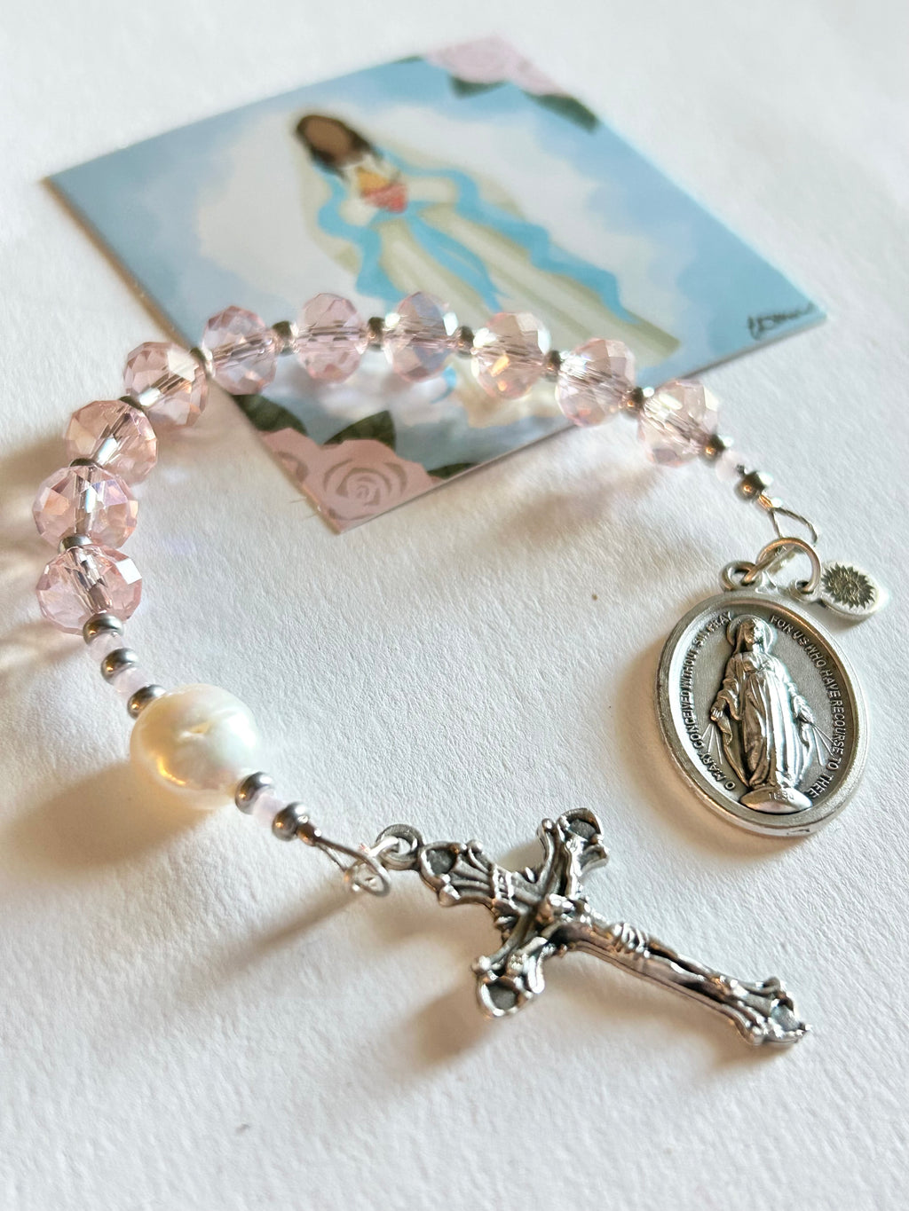 Pink Crystal and Genuine Pearl Pocket Rosary