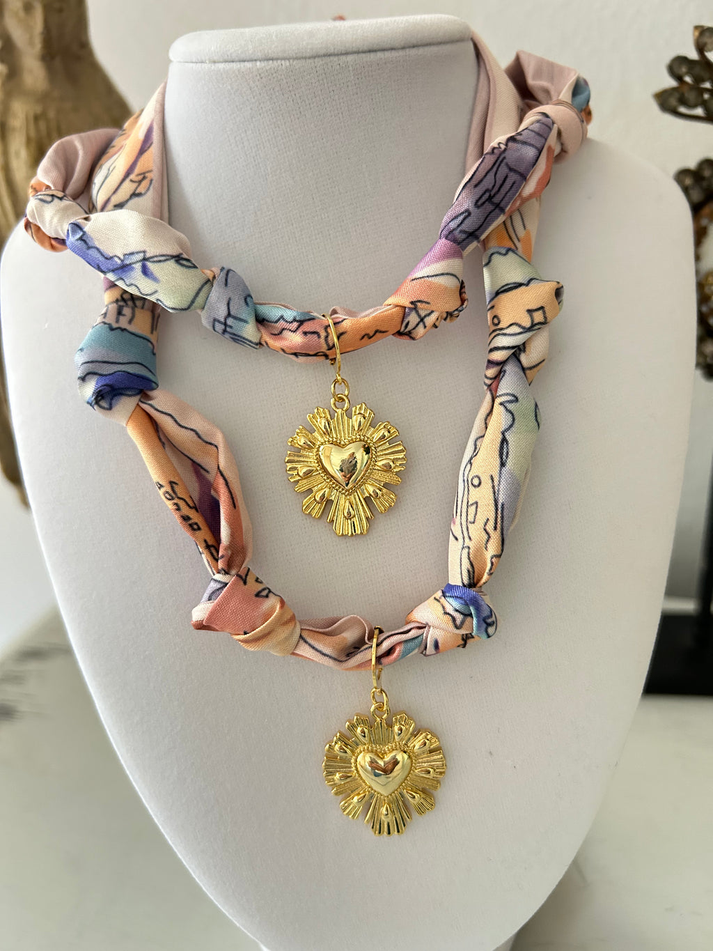 Gold Sacred Heart Scarf Necklace -
