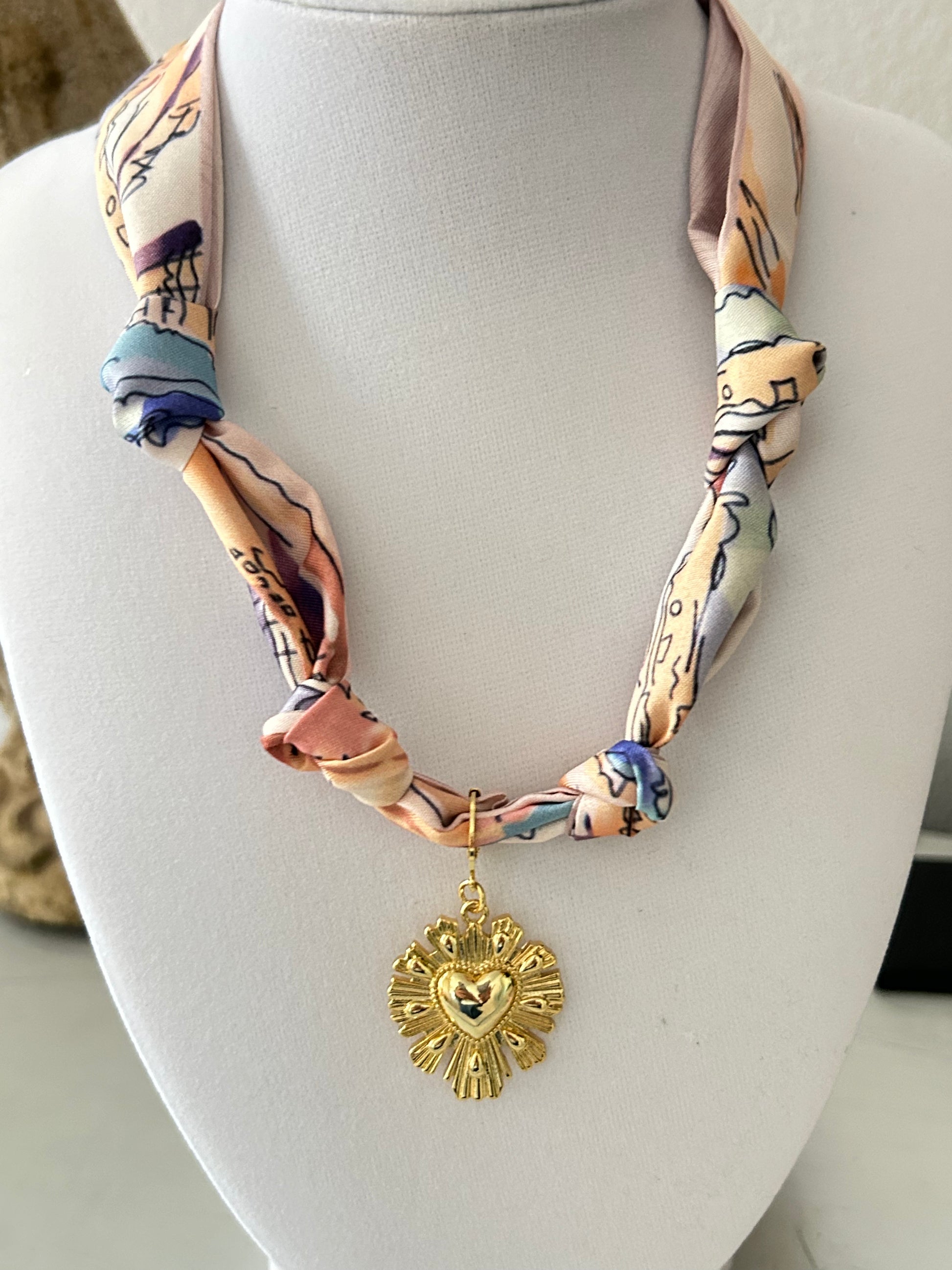 Gold Sacred Heart Scarf Necklace -