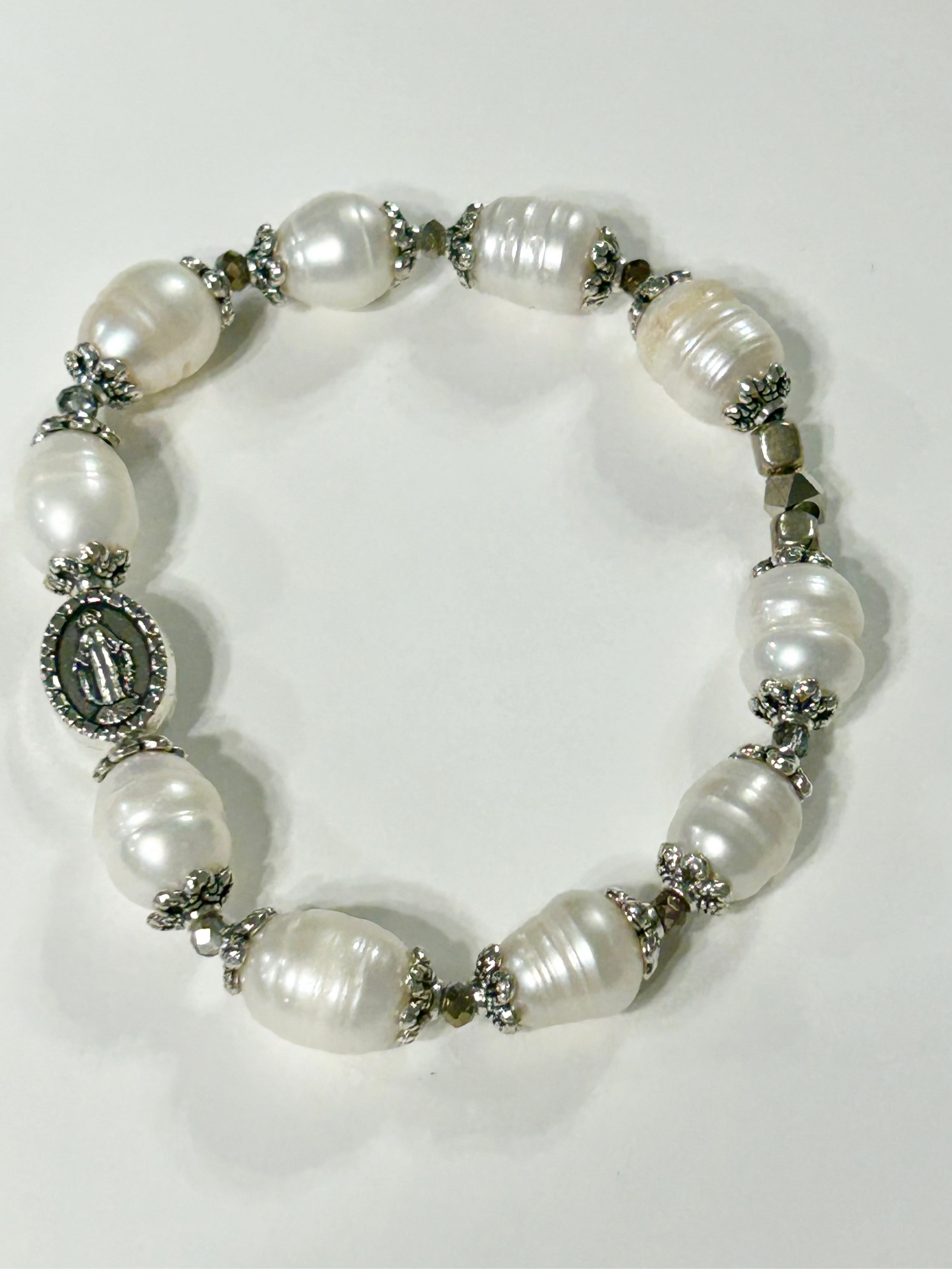 White Freshwater Pearl Miraculous Rosary Bracelet
