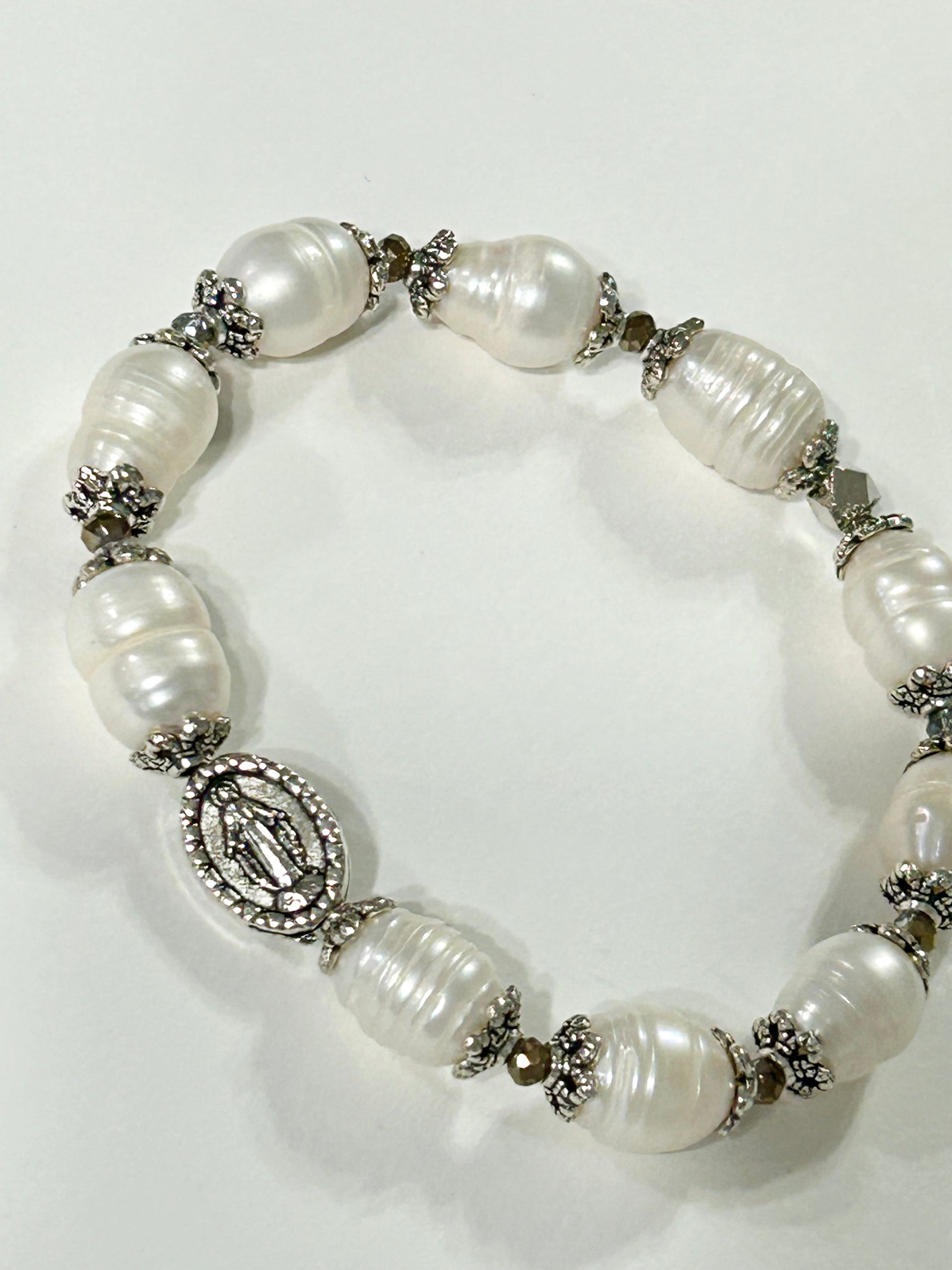 White Freshwater Pearl Miraculous Rosary Bracelet
