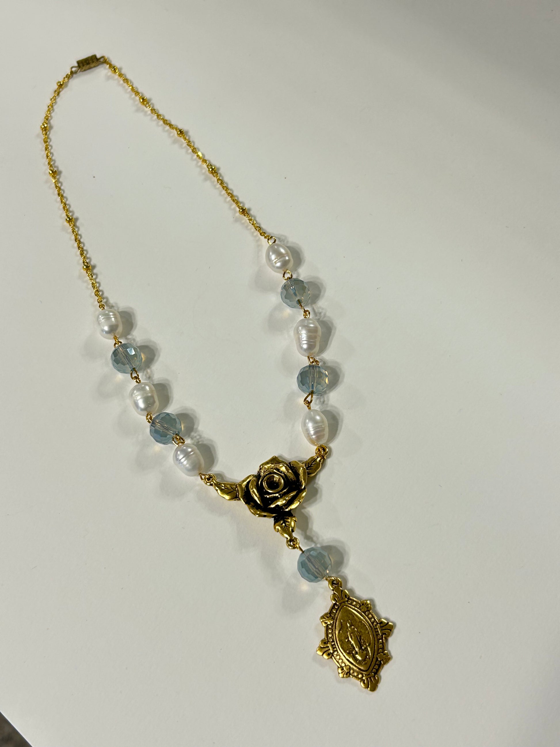 "Mystic Rose" Collection - Antique Gold Pearl and Ice Blue Crystal Rosary Necklace
