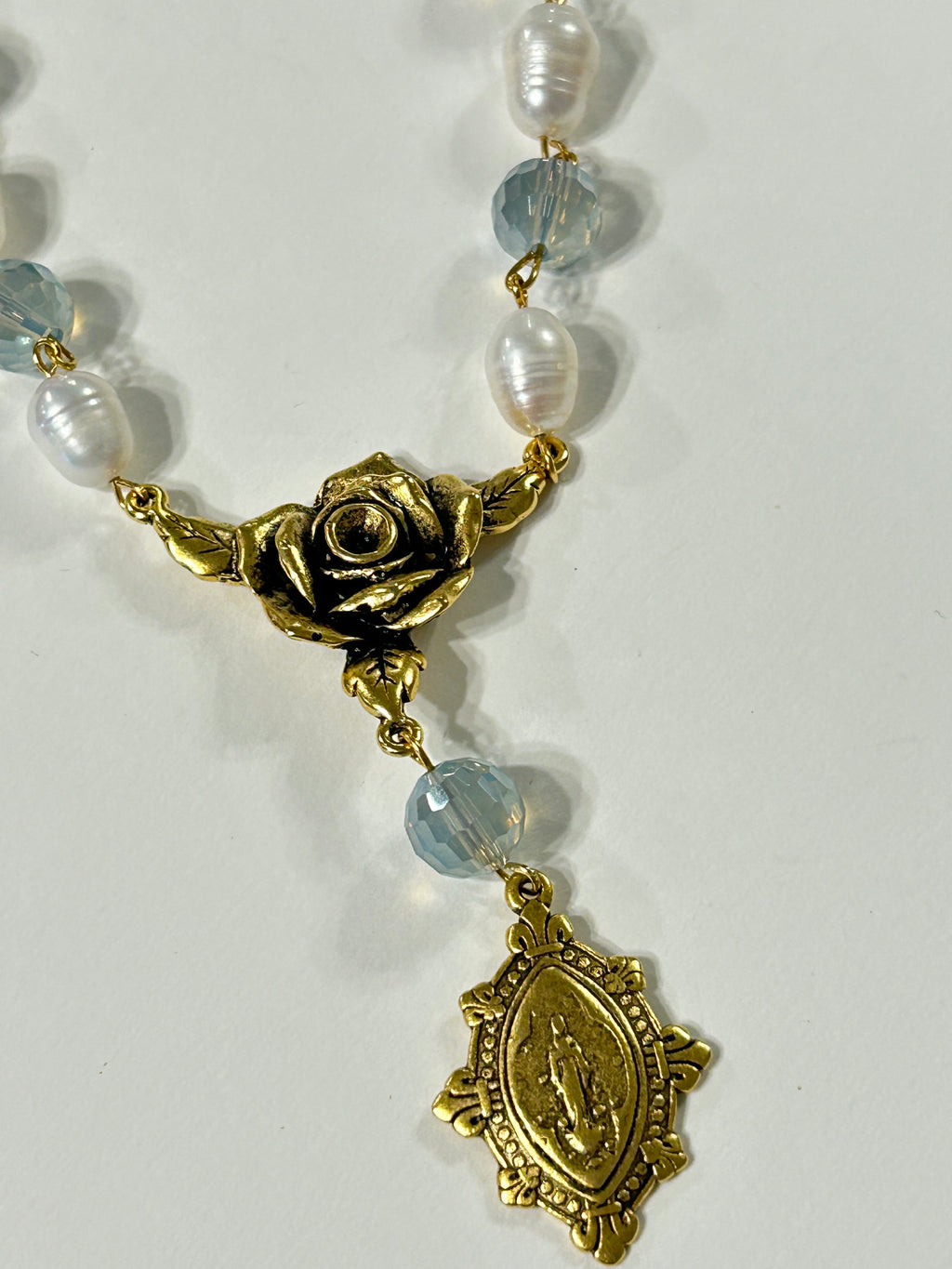 "Mystic Rose" Collection - Antique Gold Pearl and Ice Blue Crystal Rosary Necklace