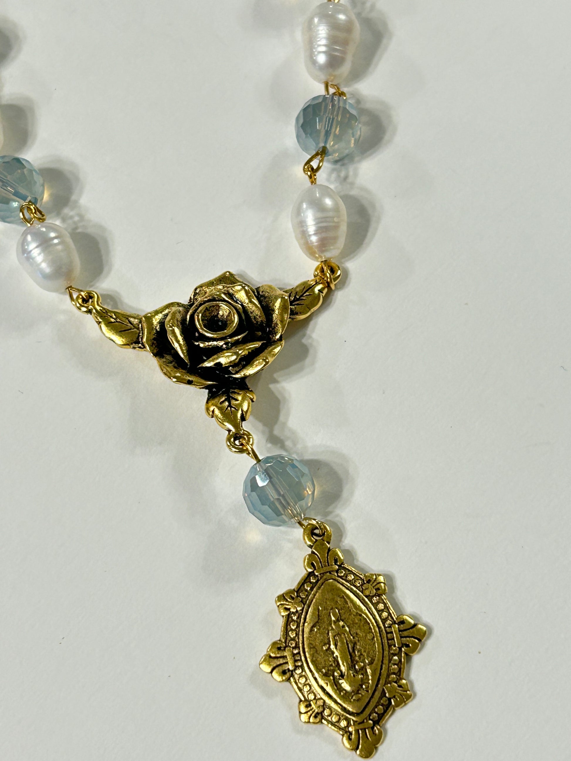 "Mystic Rose" Collection - Antique Gold Pearl and Ice Blue Crystal Rosary Necklace