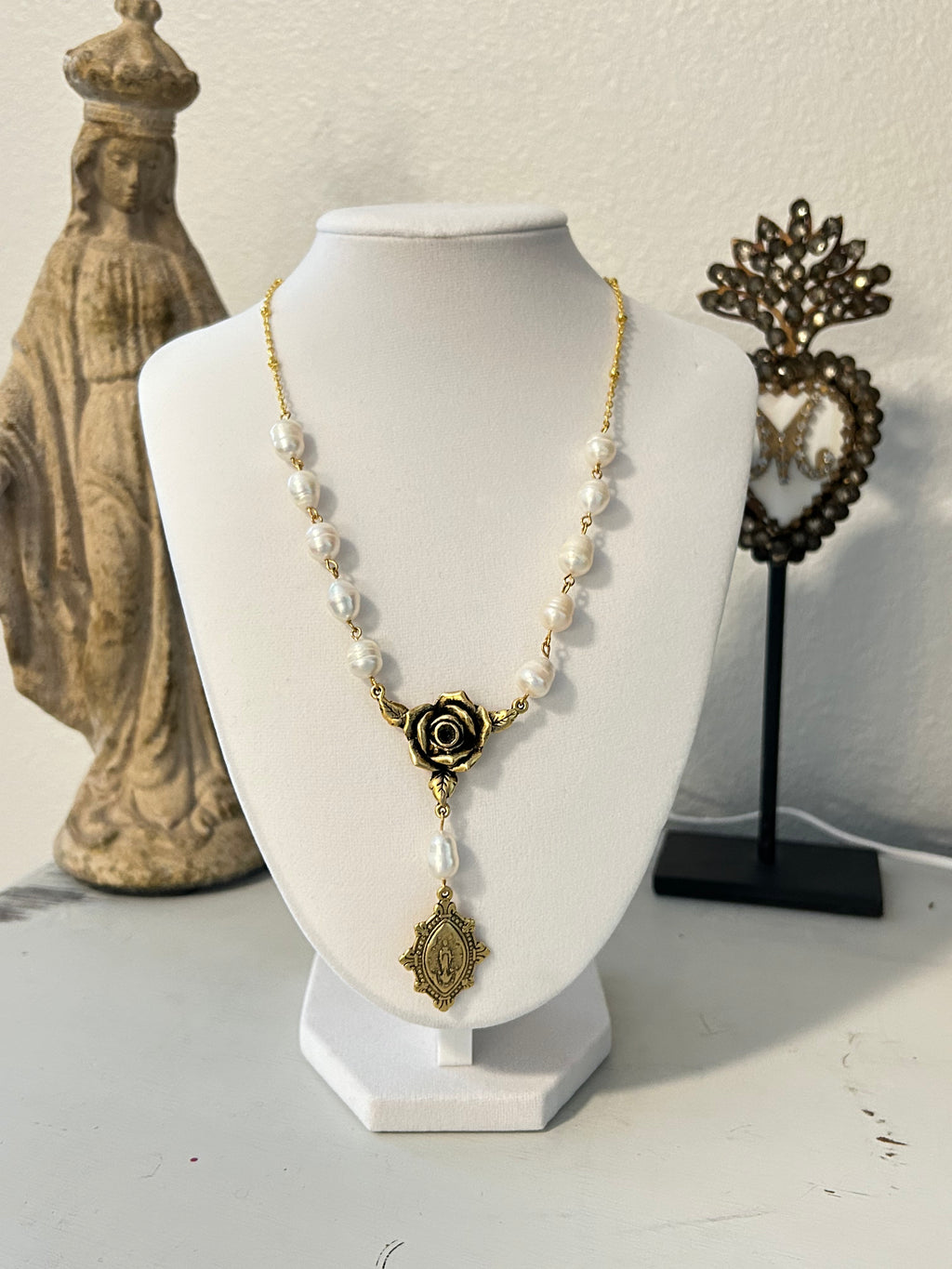 "Mystic Rose" Collection - Antique Gold and Pearl Rosary Necklace