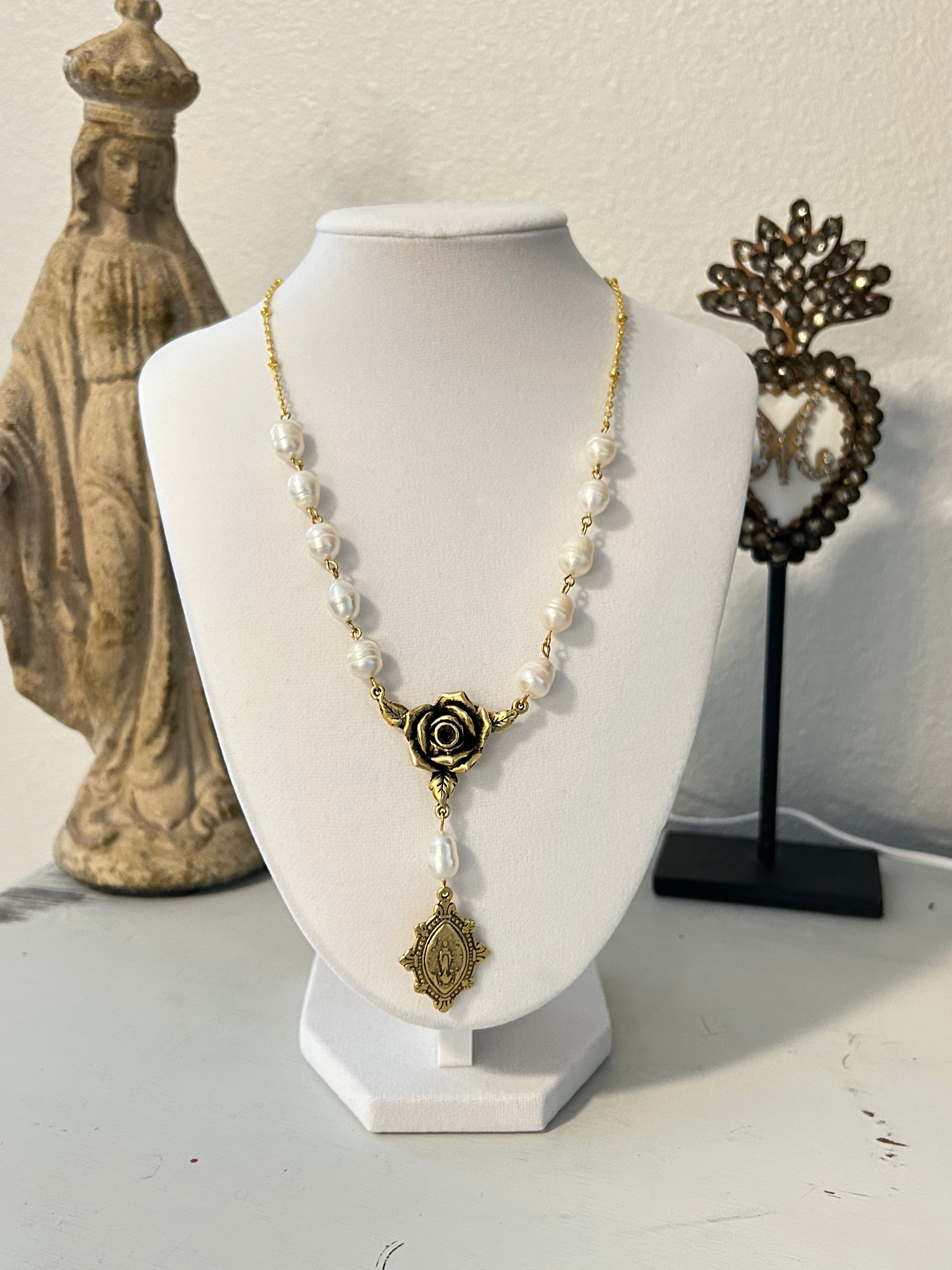 "Mystic Rose" Collection - Antique Gold and Pearl Rosary Necklace