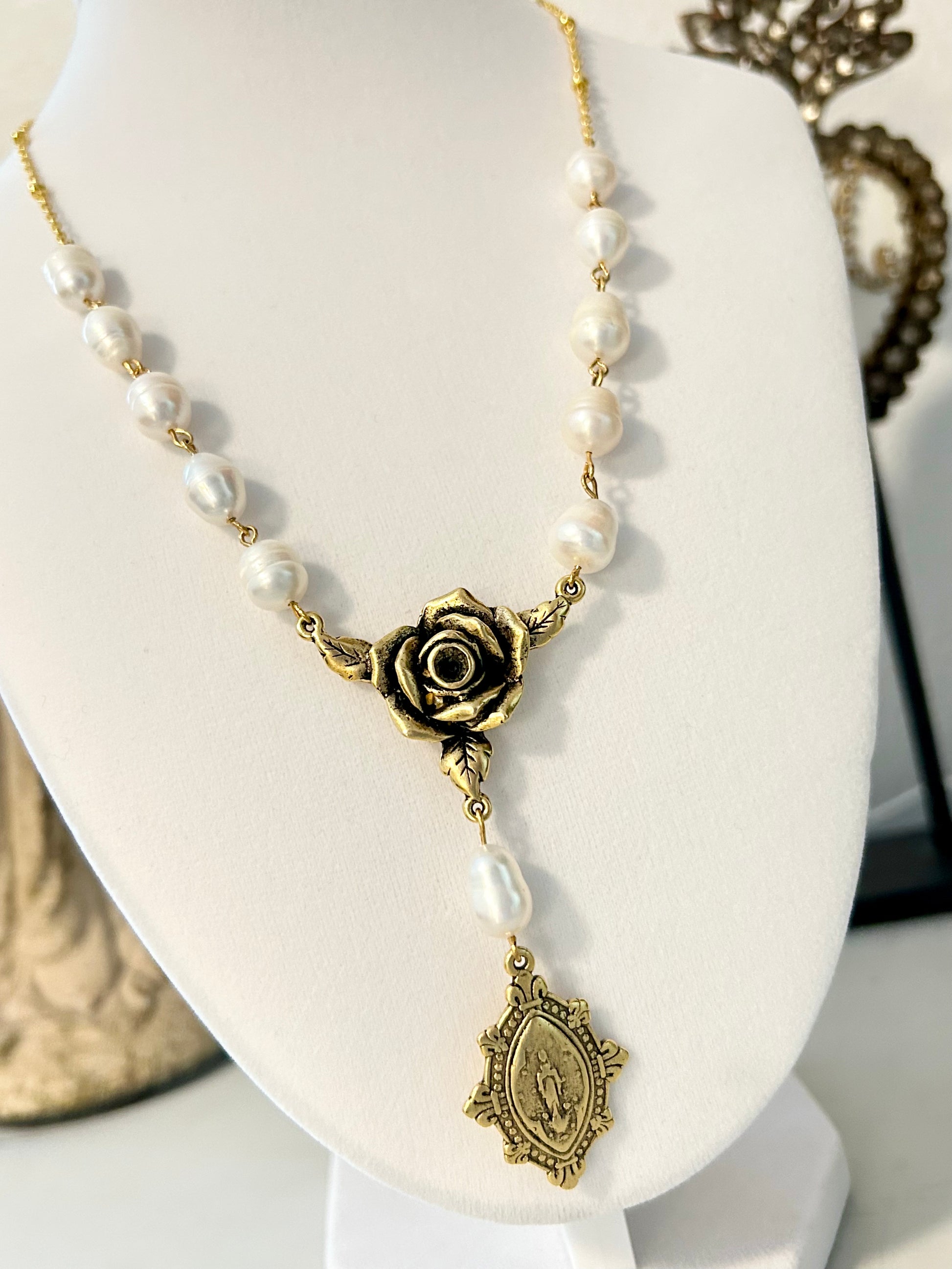 "Mystic Rose" Collection - Antique Gold and Pearl Rosary Necklace