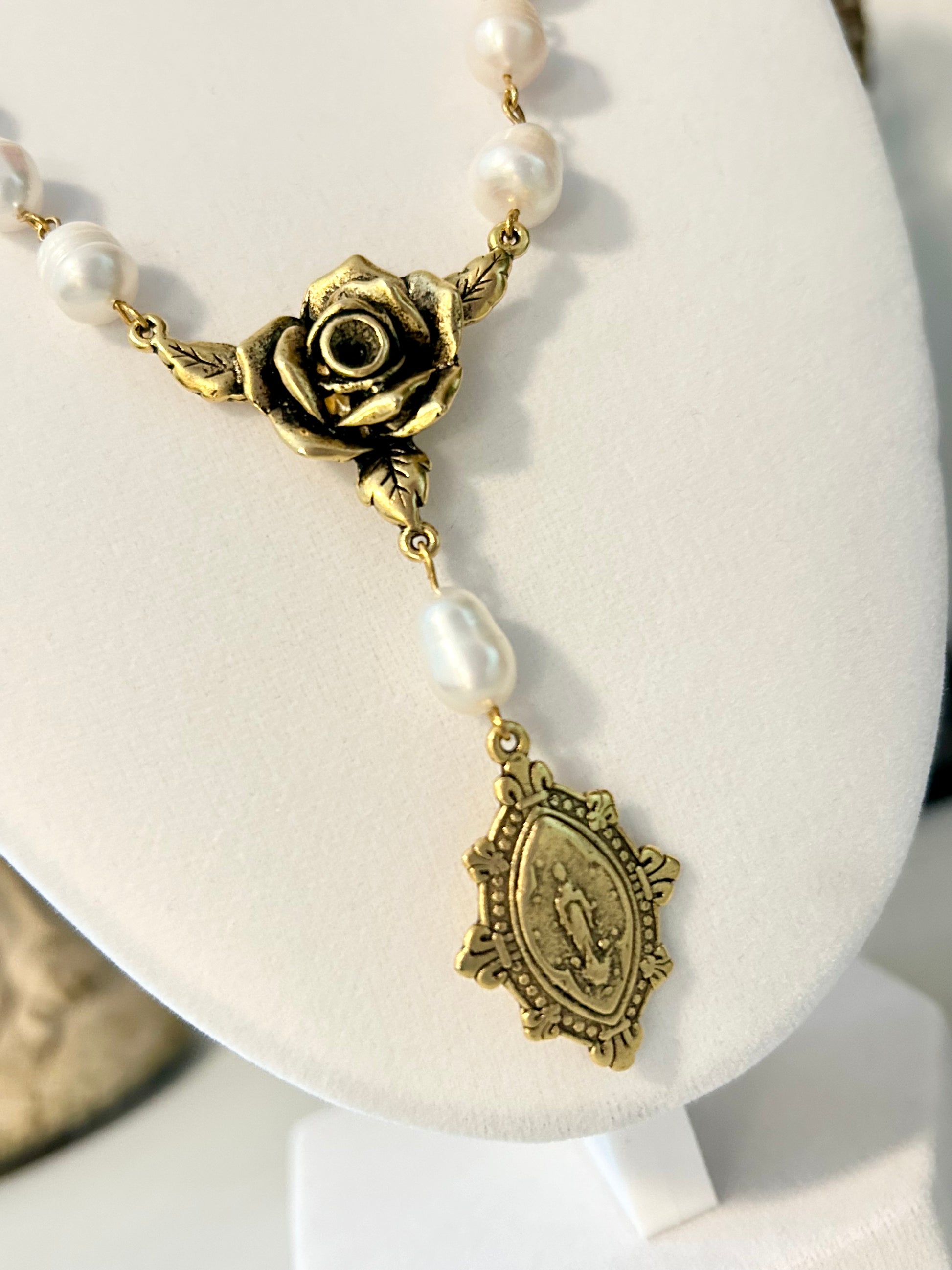 "Mystic Rose" Collection - Antique Gold and Pearl Rosary Necklace