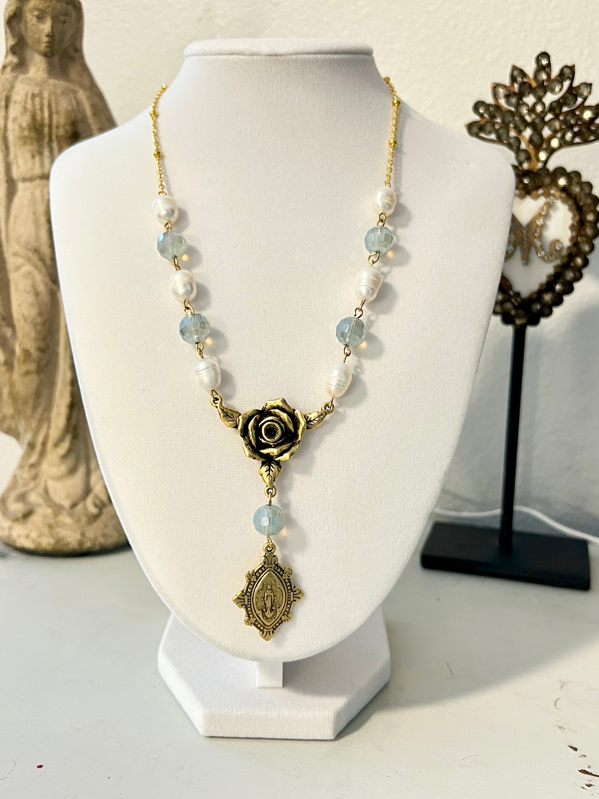 "Mystic Rose" Collection - Antique Gold Pearl and Ice Blue Crystal Rosary Necklace