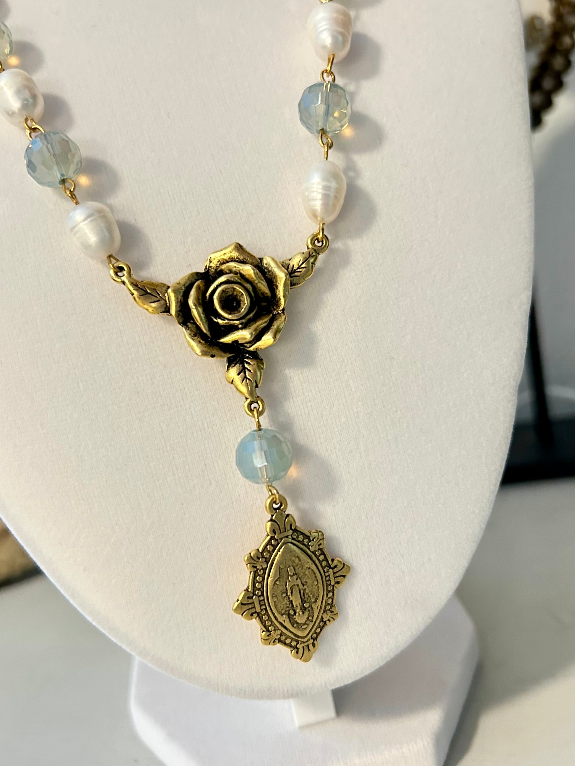"Mystic Rose" Collection - Antique Gold Pearl and Ice Blue Crystal Rosary Necklace