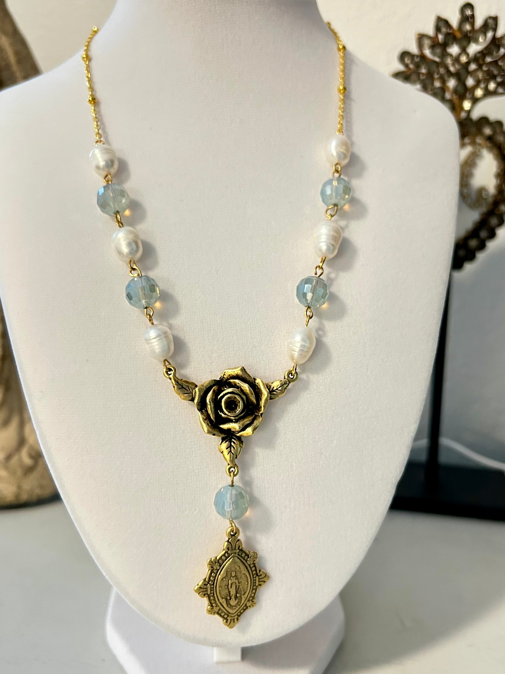 "Mystic Rose" Collection - Antique Gold Pearl and Ice Blue Crystal Rosary Necklace
