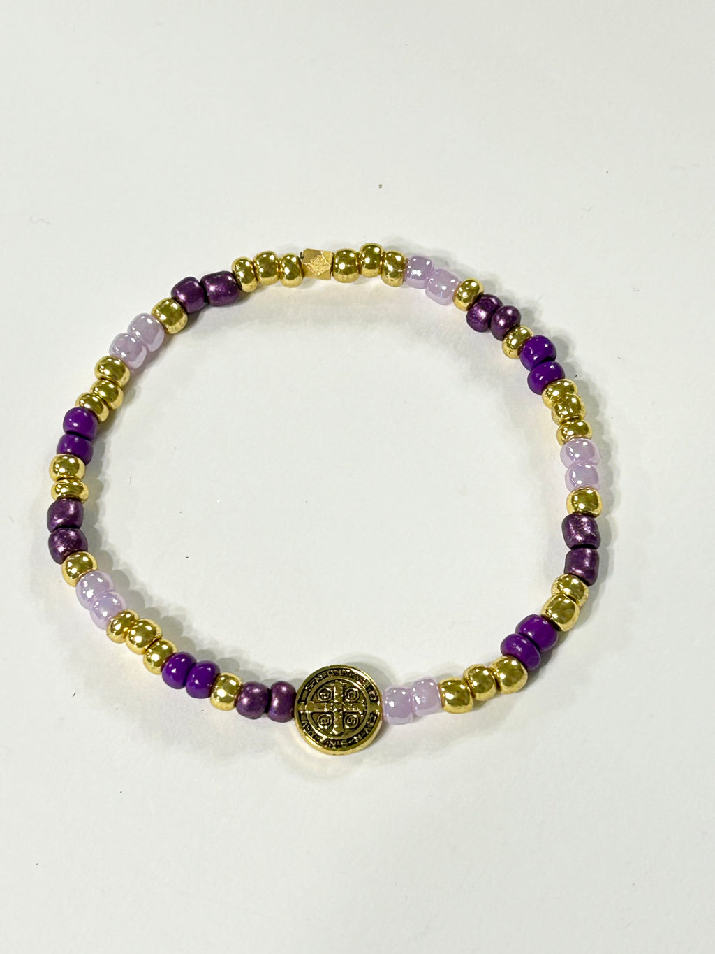 Purple and Gold Seed Bead St. Benedict Bracelet