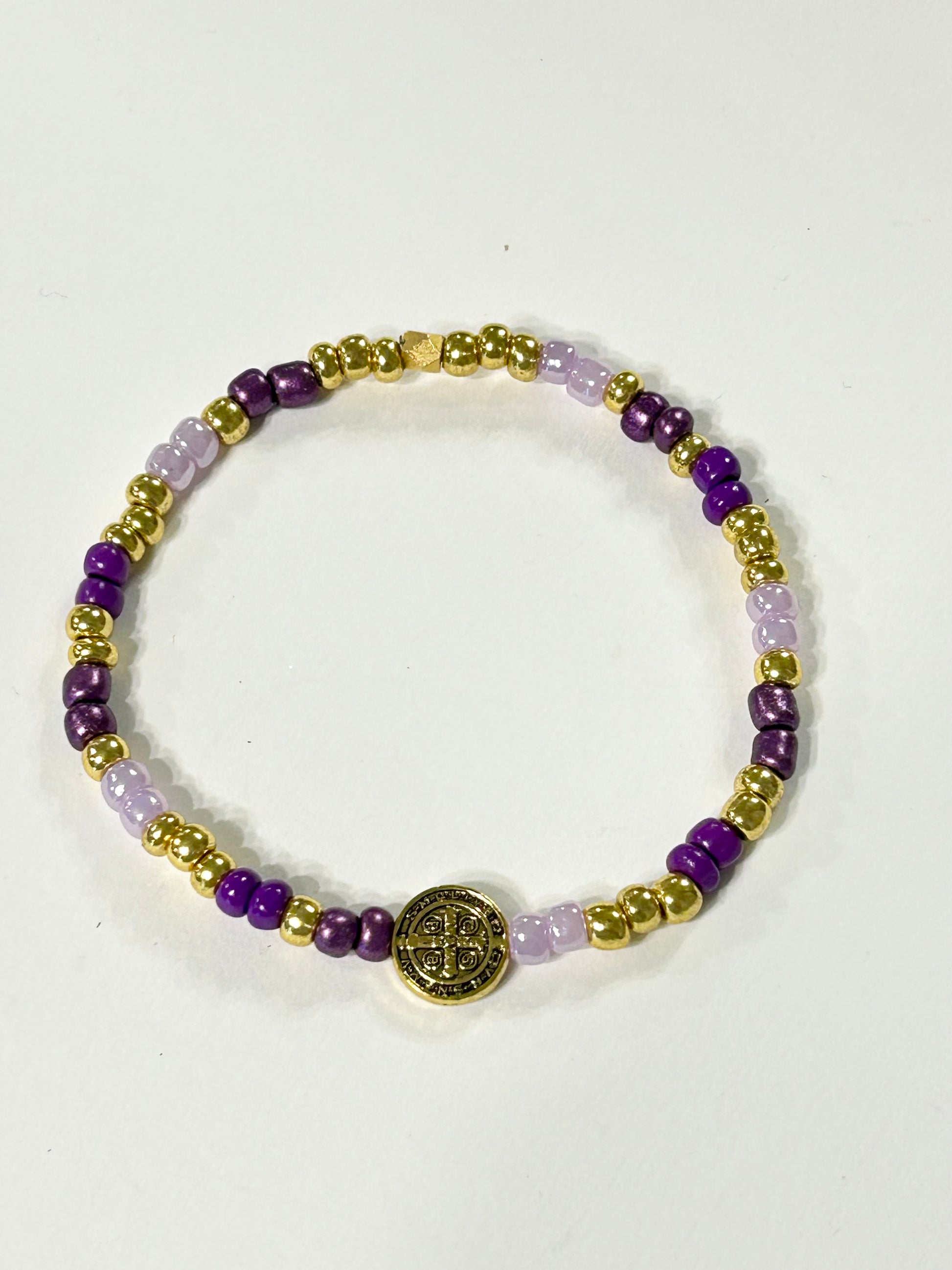 Purple and Gold Seed Bead St. Benedict Bracelet
