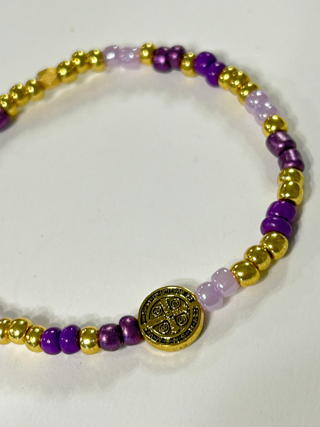 Purple and Gold Seed Bead St. Benedict Bracelet