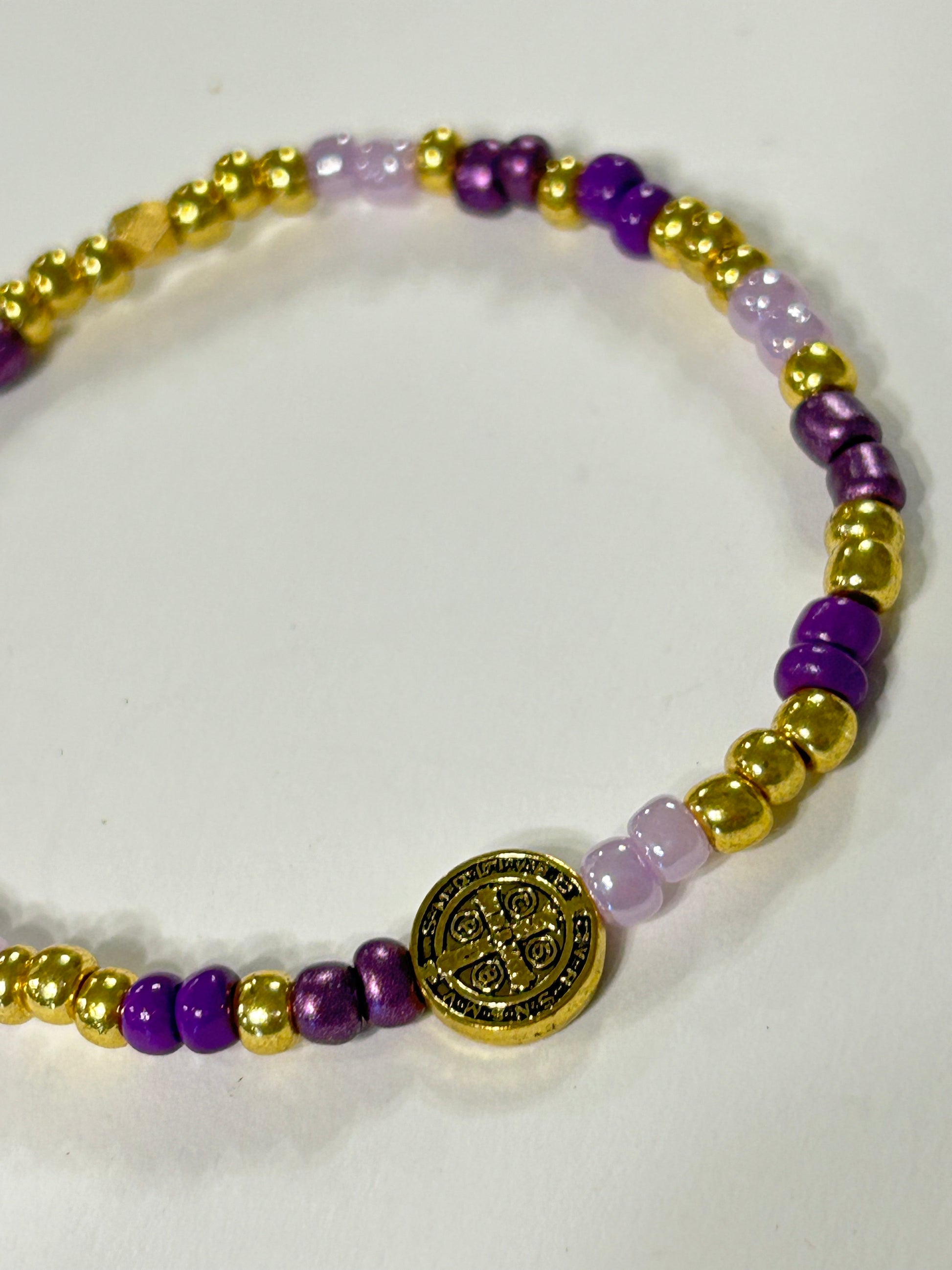 Purple and Gold Seed Bead St. Benedict Bracelet