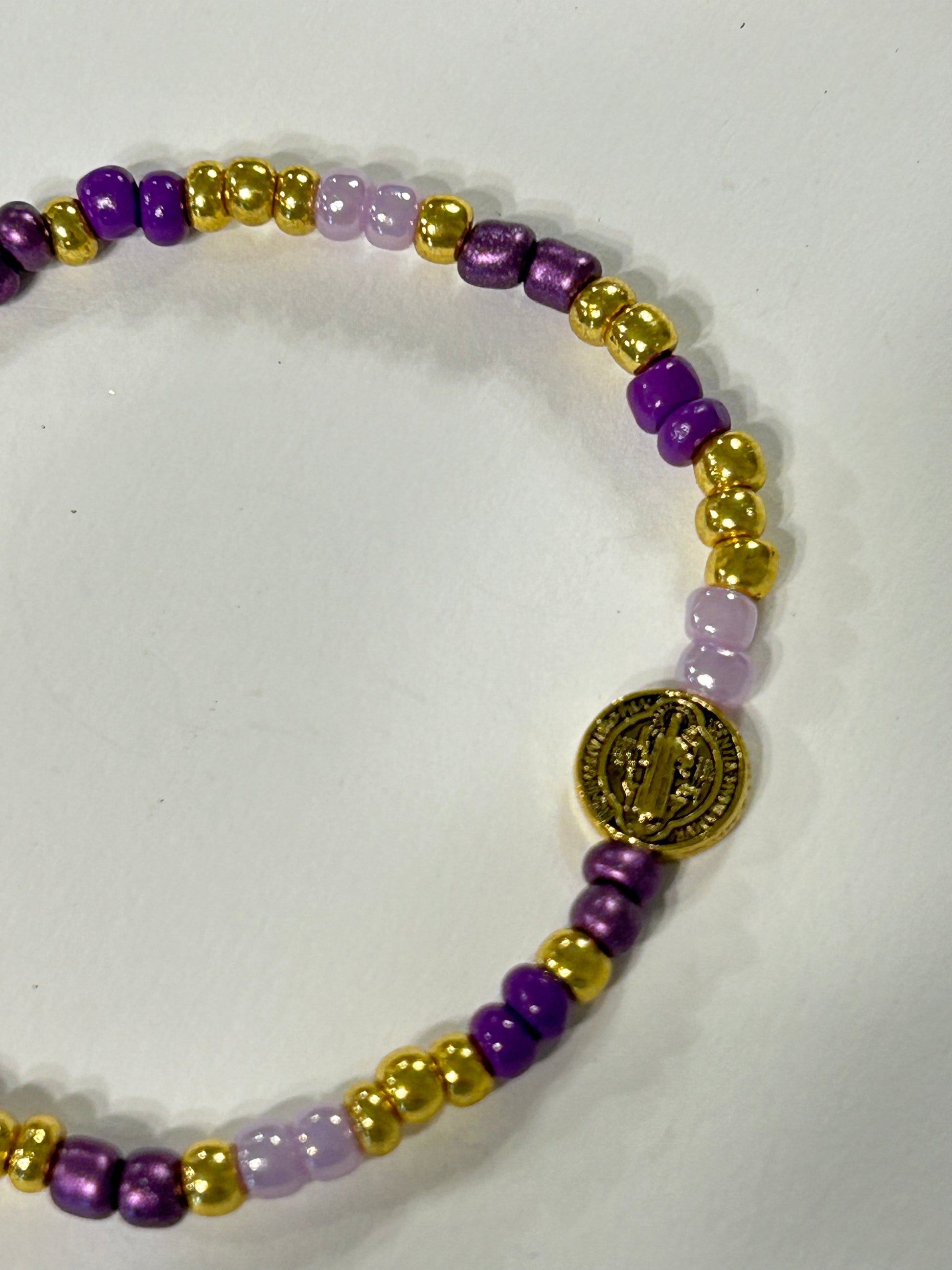 Purple and Gold Seed Bead St. Benedict Bracelet