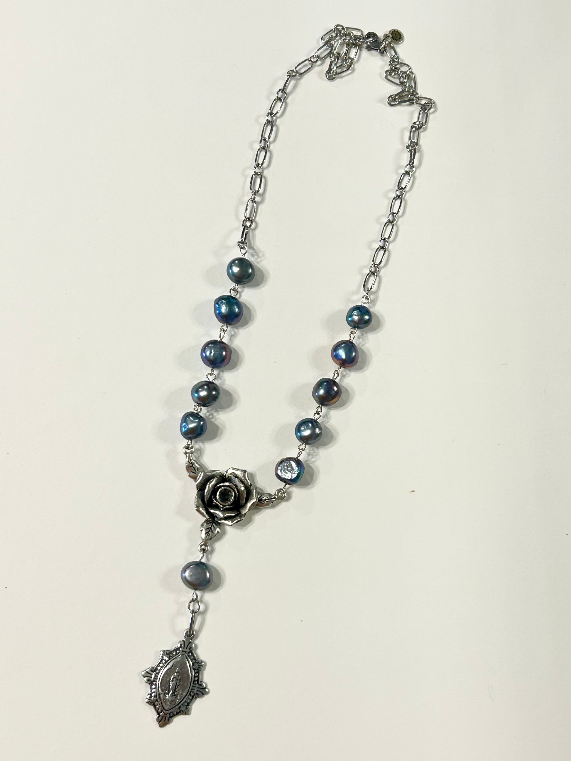 "Mystic Rose" Collection - Antique Silver and Peacock Pearl Rosary Necklace
