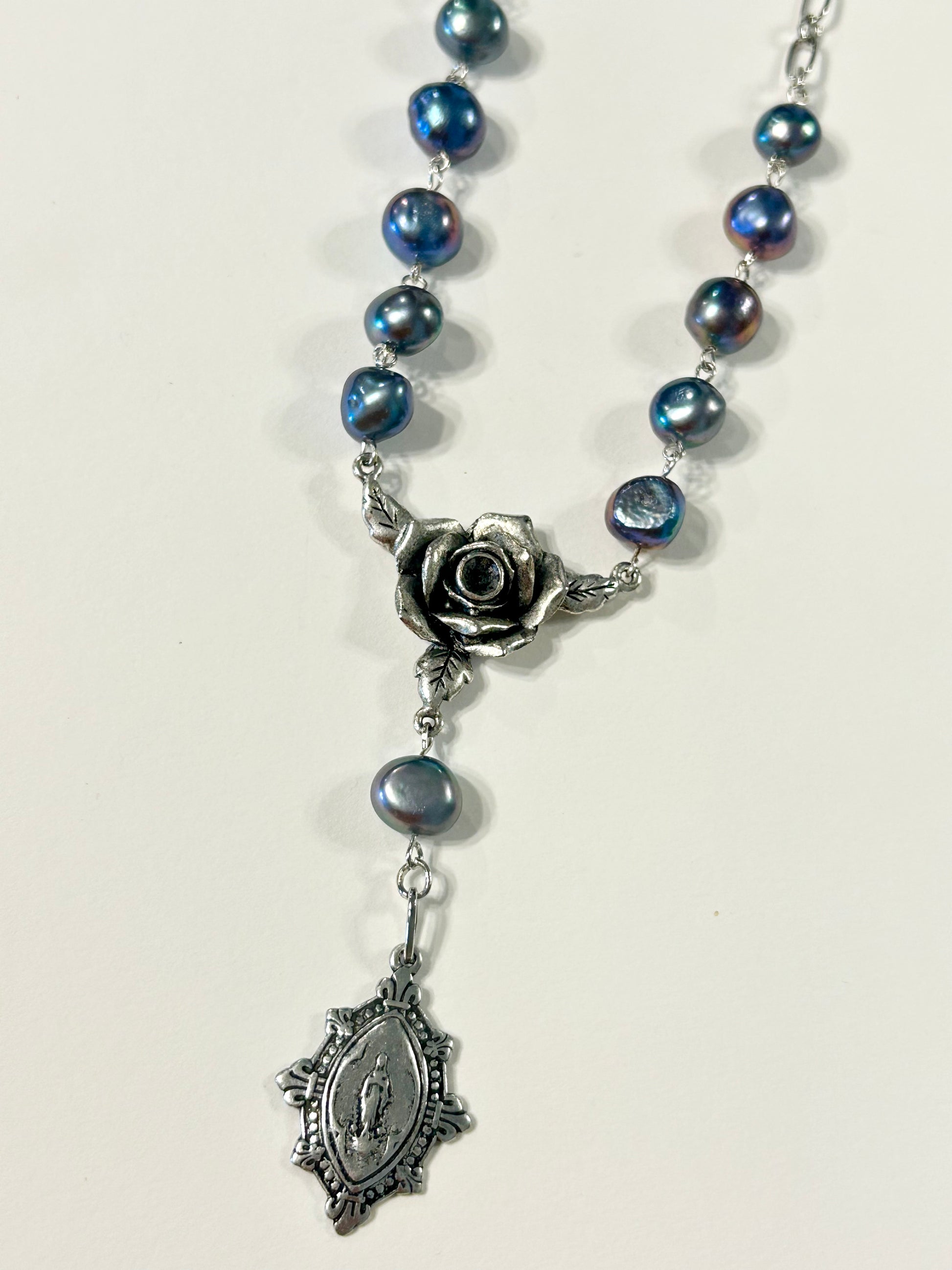 "Mystic Rose" Collection - Antique Silver and Peacock Pearl Rosary Necklace