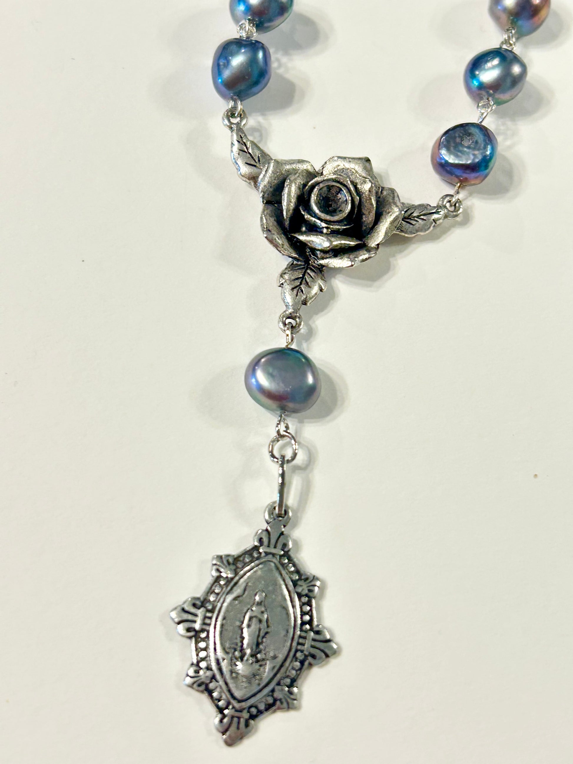 "Mystic Rose" Collection - Antique Silver and Peacock Pearl Rosary Necklace