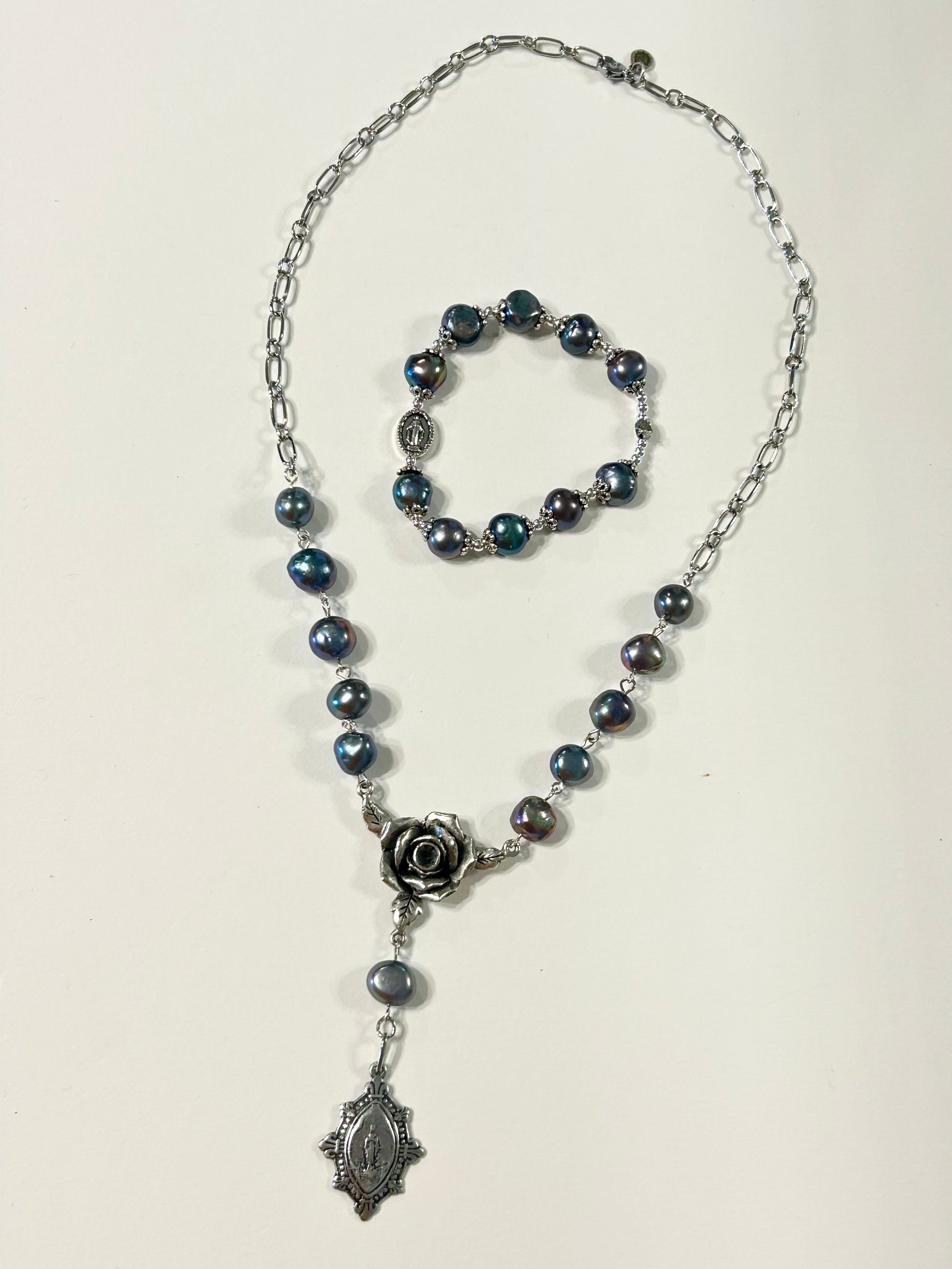 "Mystic Rose" Collection - Antique Silver and Peacock Pearl Rosary Necklace