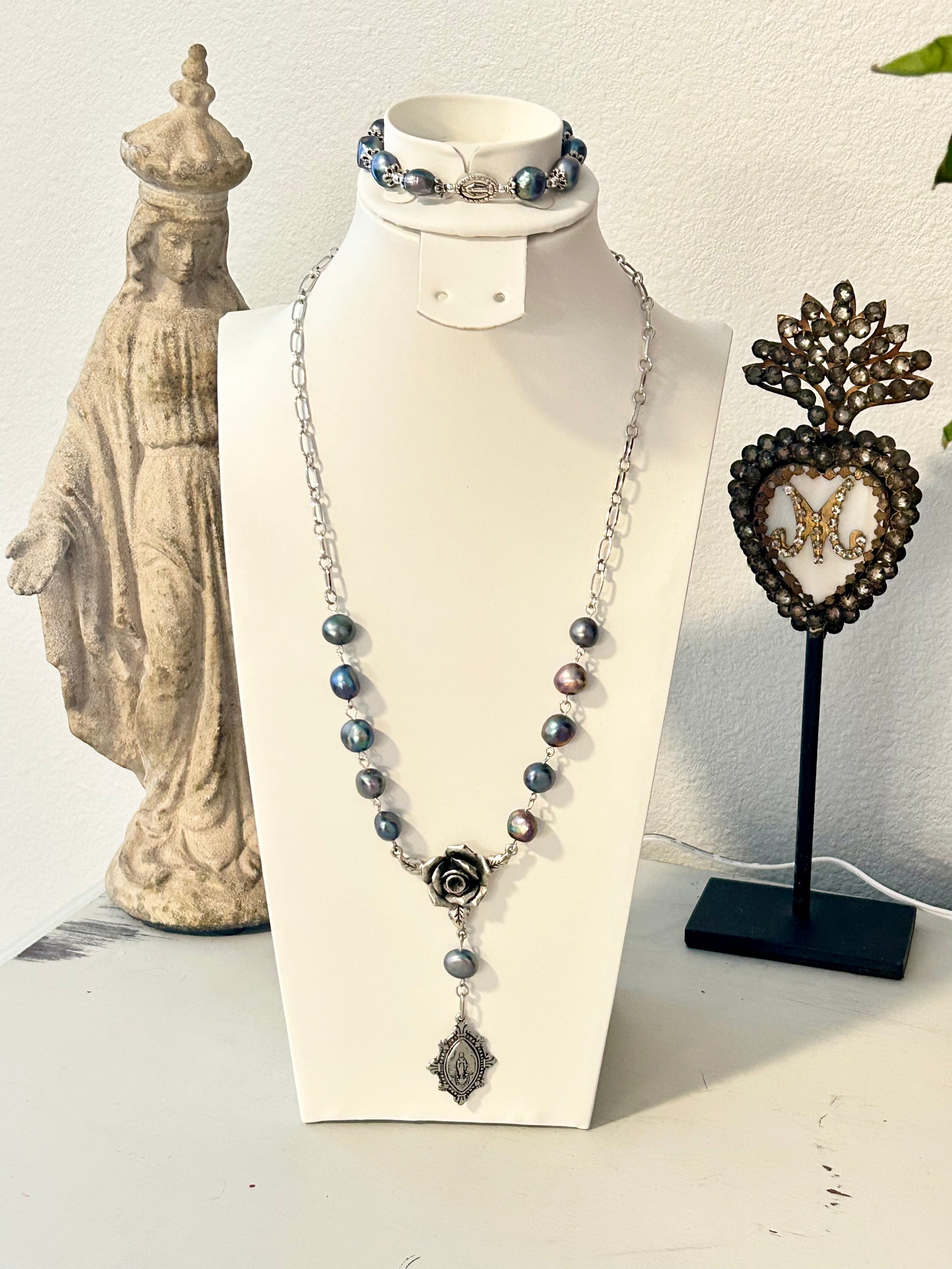 "Mystic Rose" Collection - Antique Silver and Peacock Pearl Rosary Necklace
