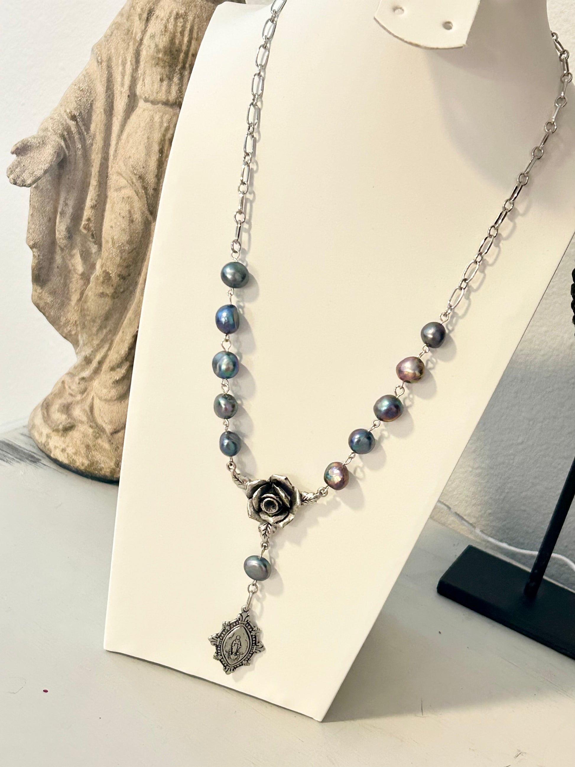"Mystic Rose" Collection - Antique Silver and Peacock Pearl Rosary Necklace