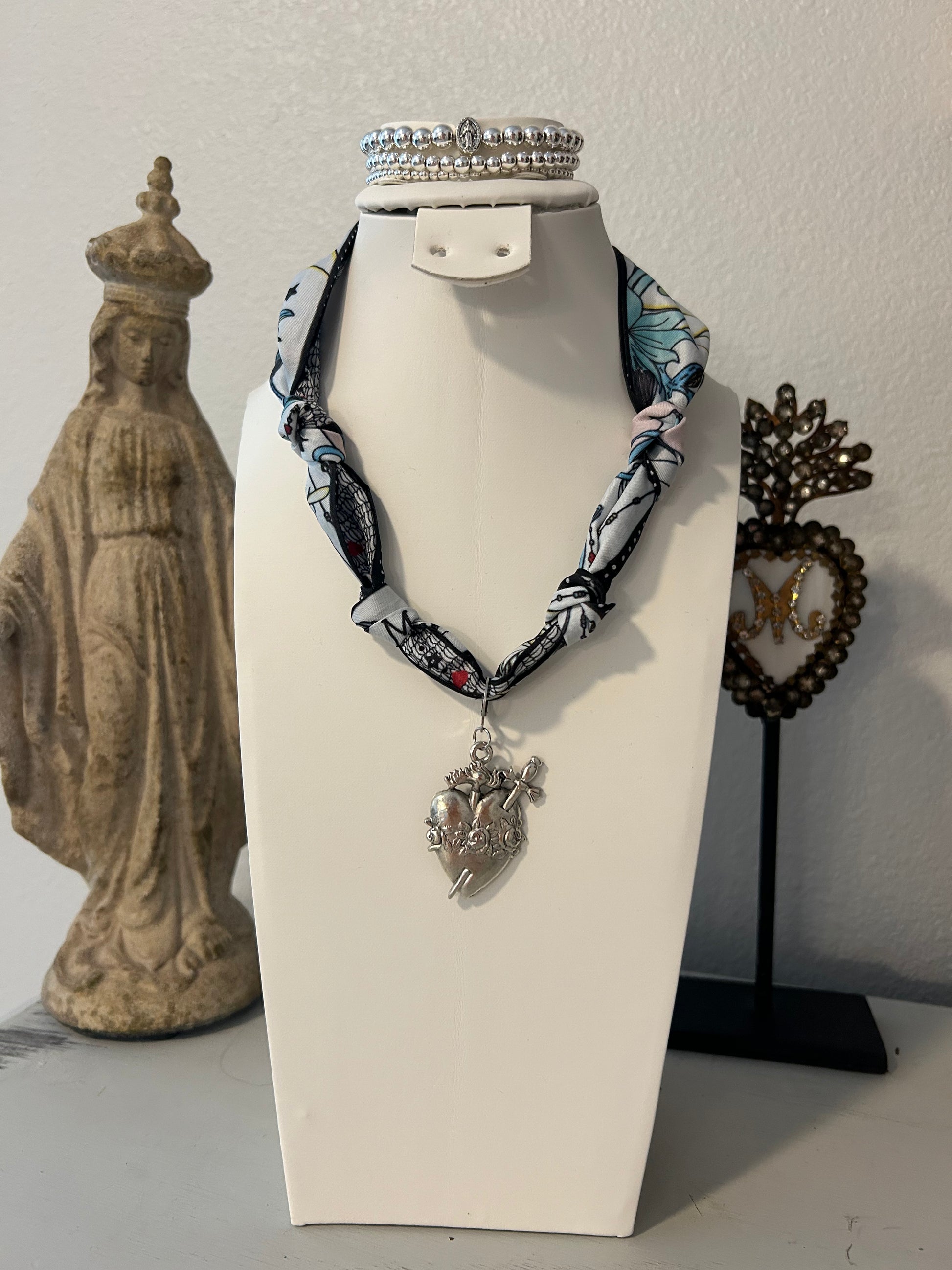 Silver Immaculate Heart Scarf Necklace