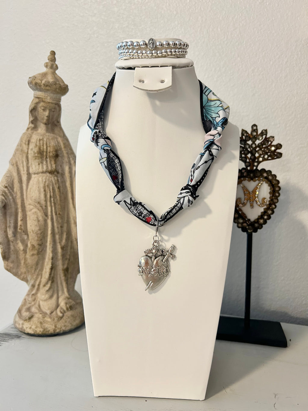 Silver Immaculate Heart Scarf Necklace