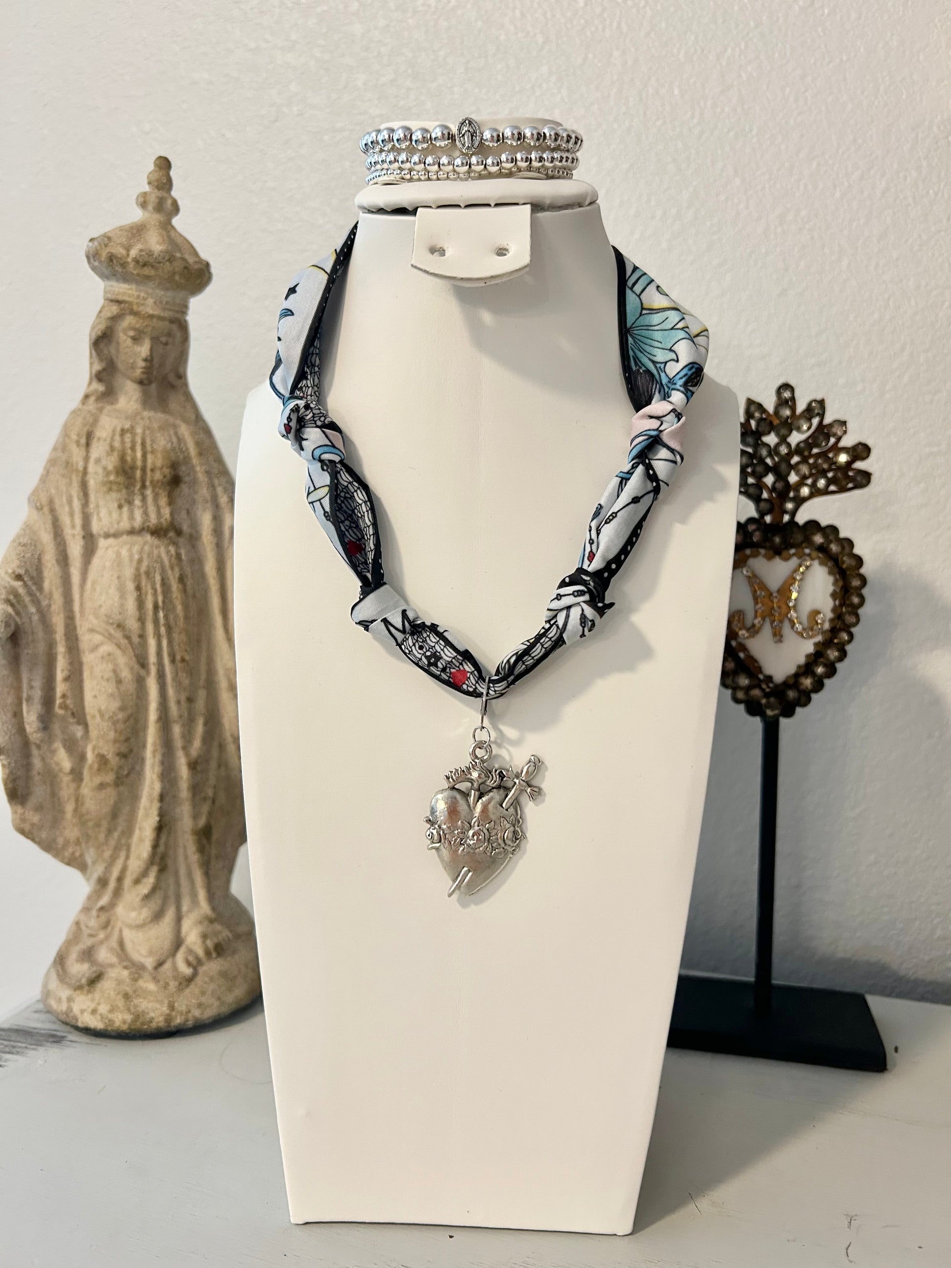 Silver Immaculate Heart Scarf Necklace
