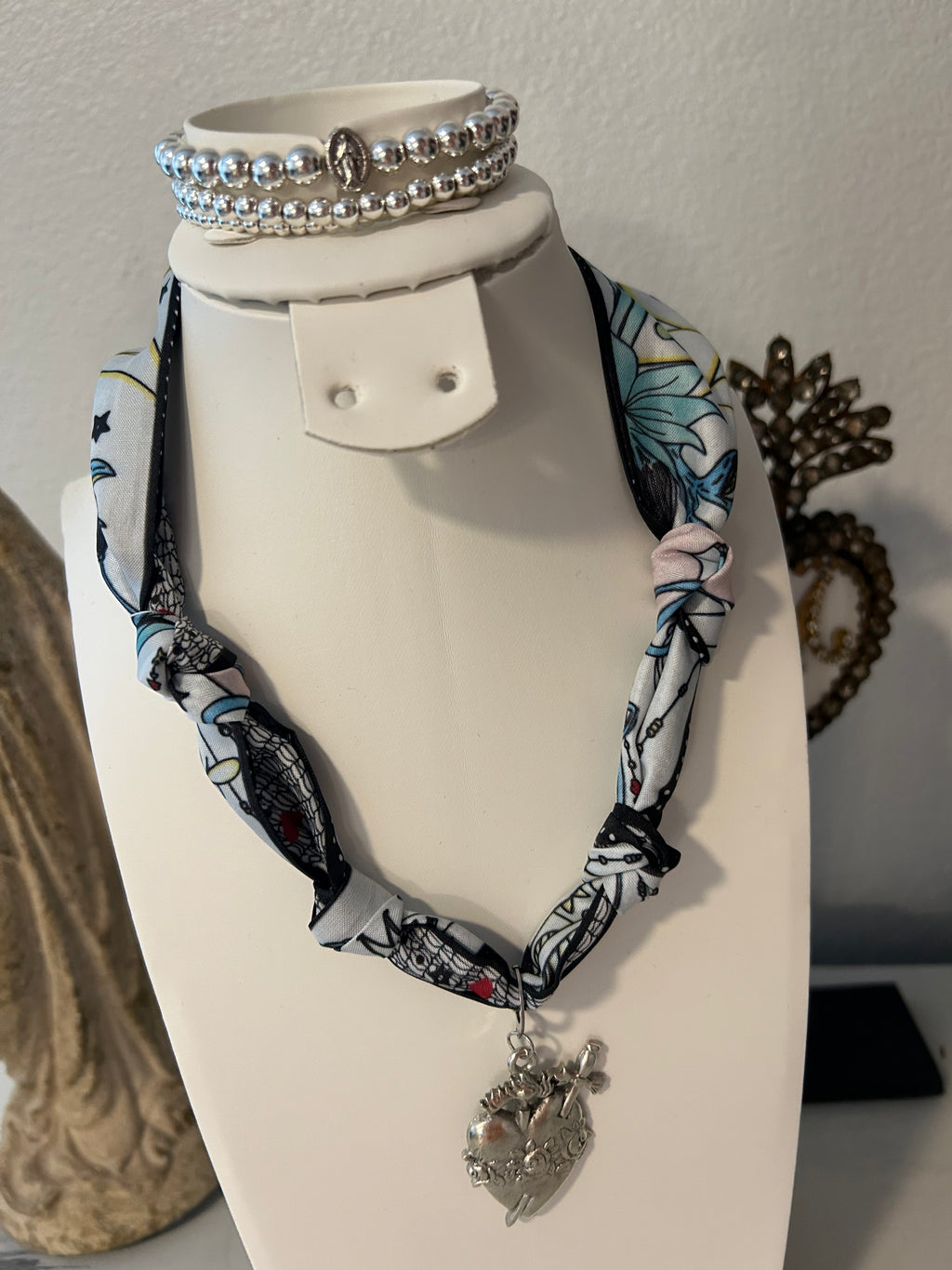 Silver Immaculate Heart Scarf Necklace