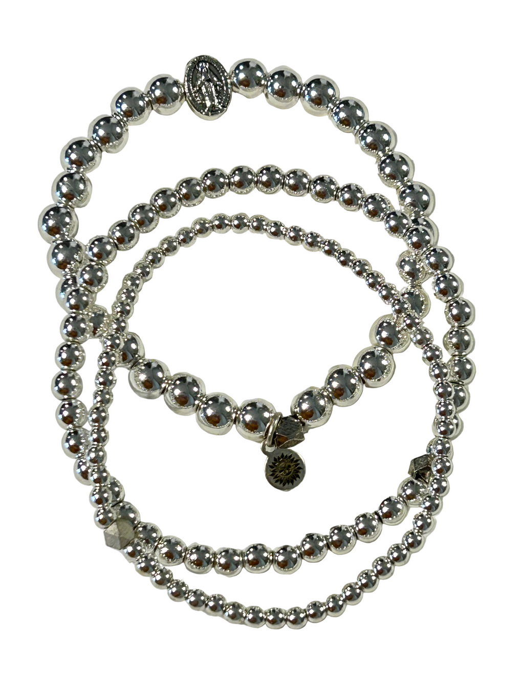Silver Hematite Miraculous Mary Stack Bracelet Set