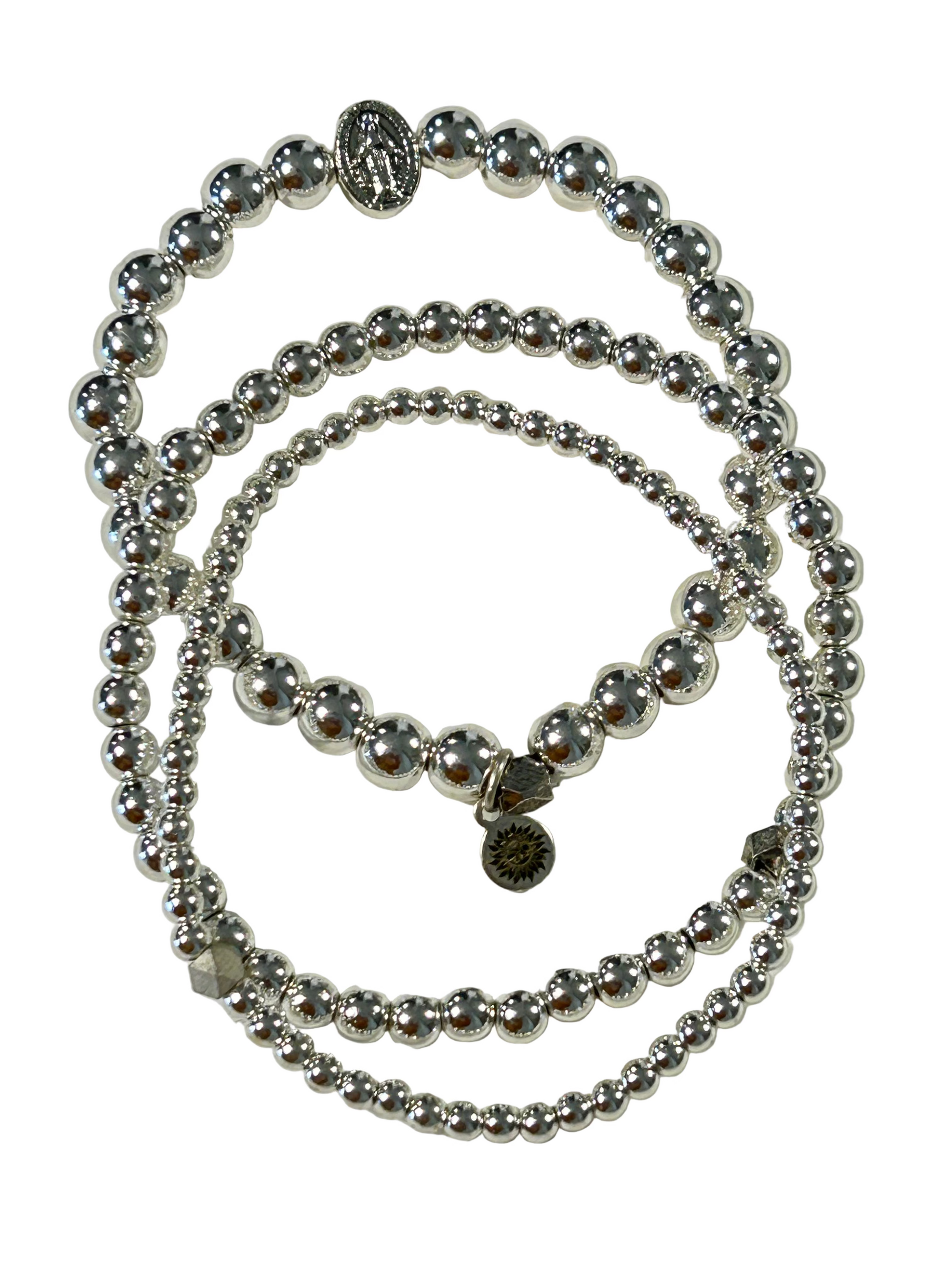 Silver Hematite Miraculous Mary Stack Bracelet Set