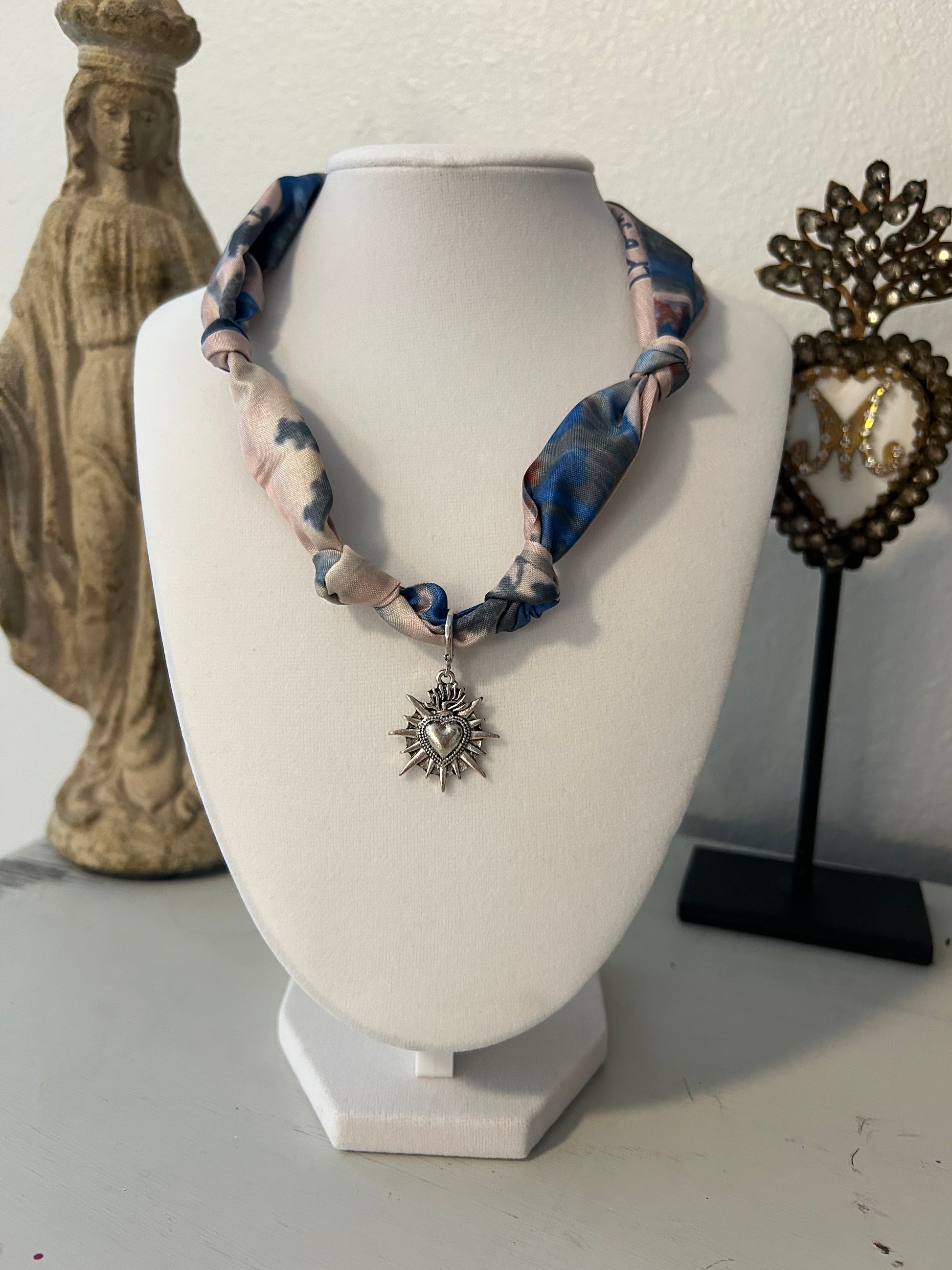 Silver Radiant Immaculate Heart Scarf Necklace - Dusty Blue and Pink