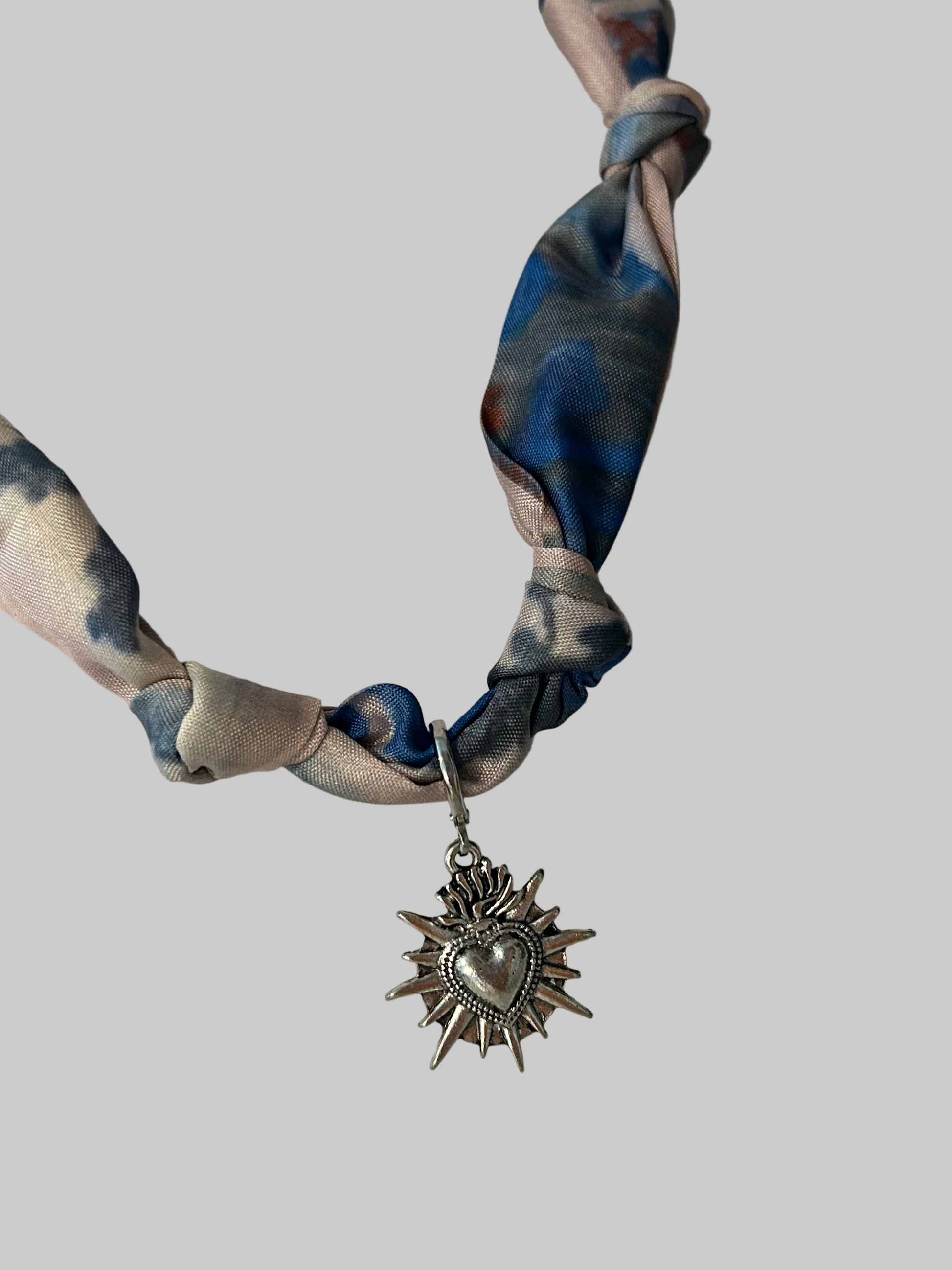 Silver Radiant Immaculate Heart Scarf Necklace - Dusty Blue and Pink