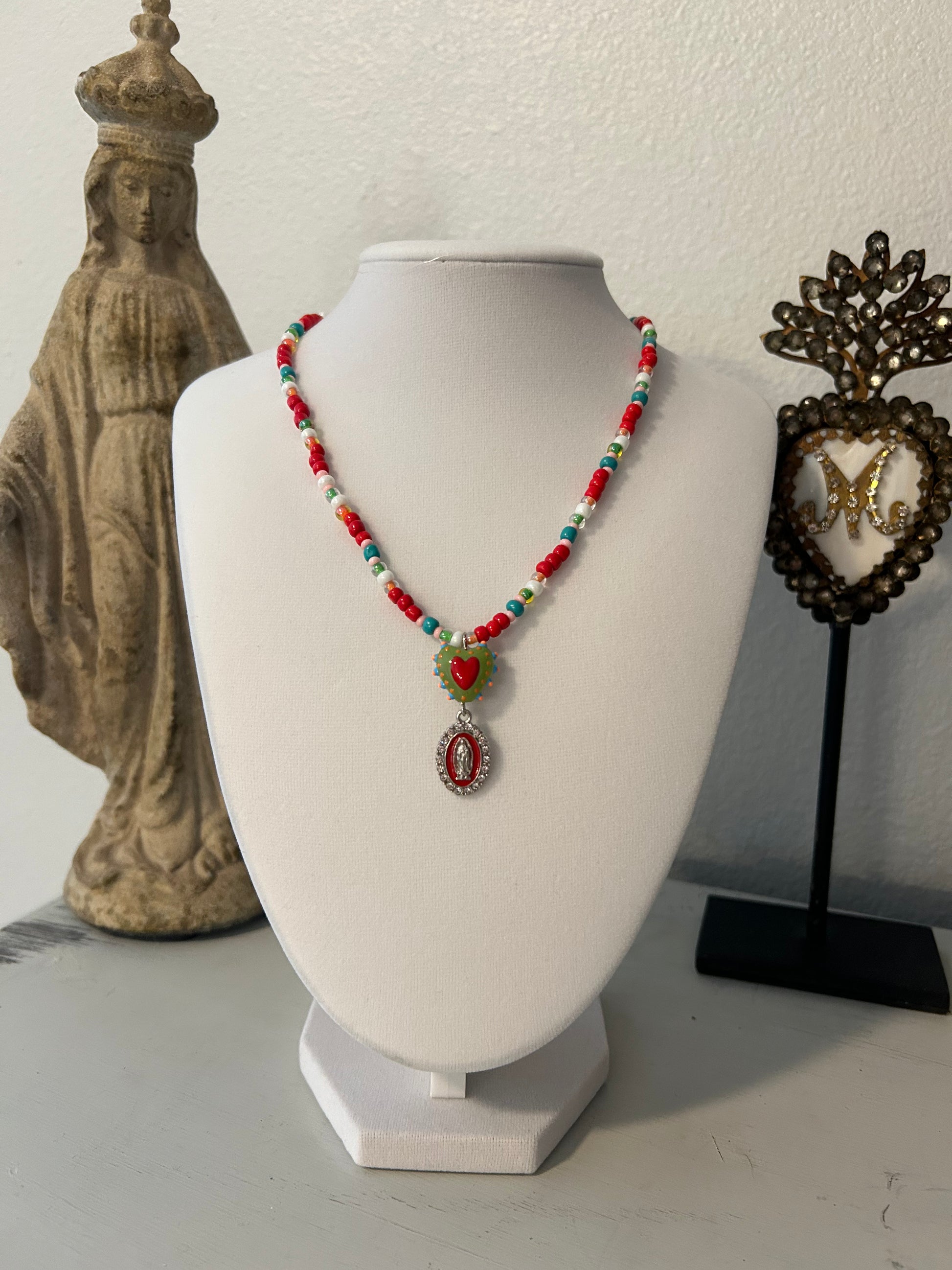 The Fiesta Collection - Red Our Lady Green Heart Seed Bead Necklace
