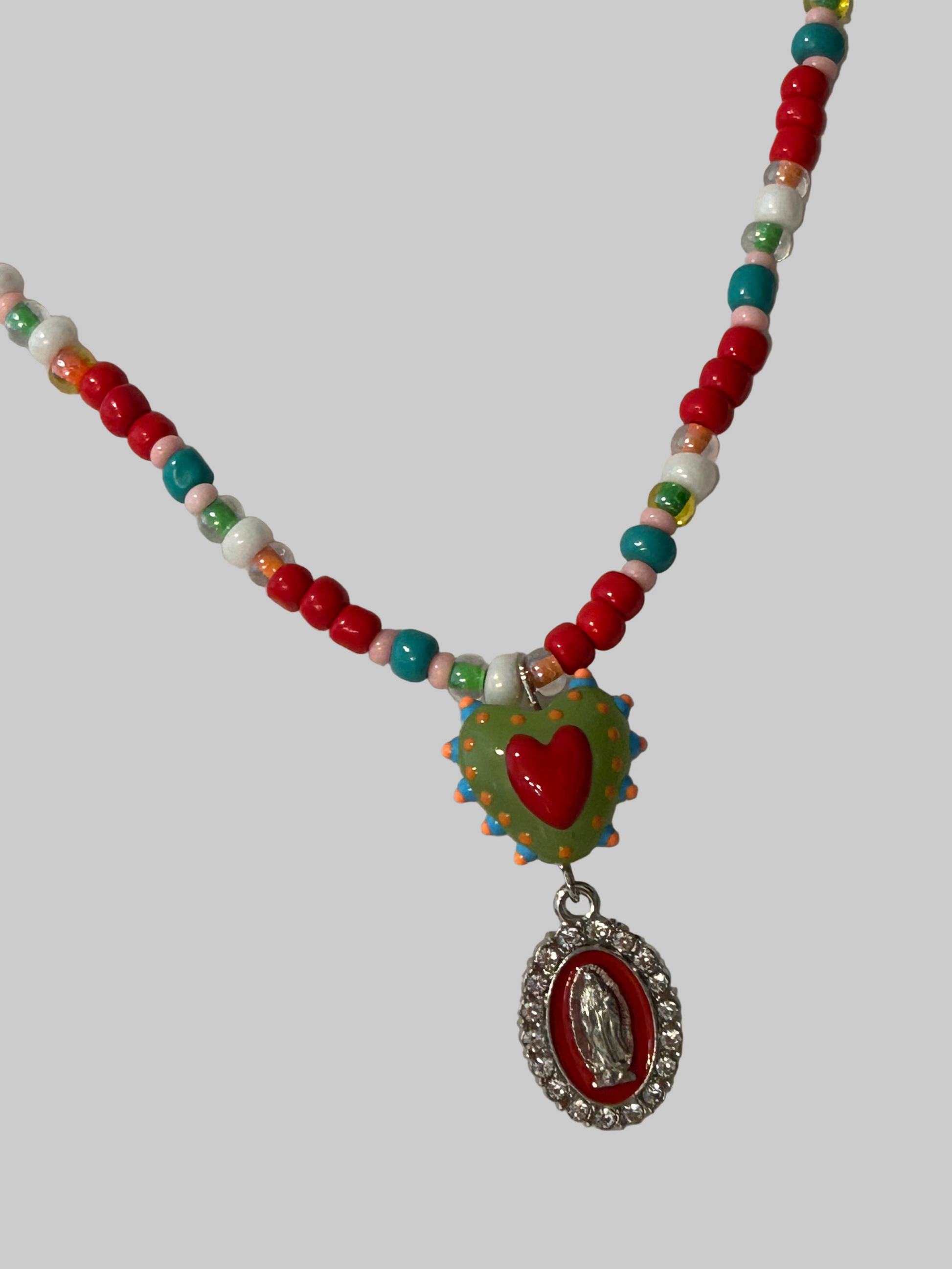 The Fiesta Collection - Red Our Lady Green Heart Seed Bead Necklace