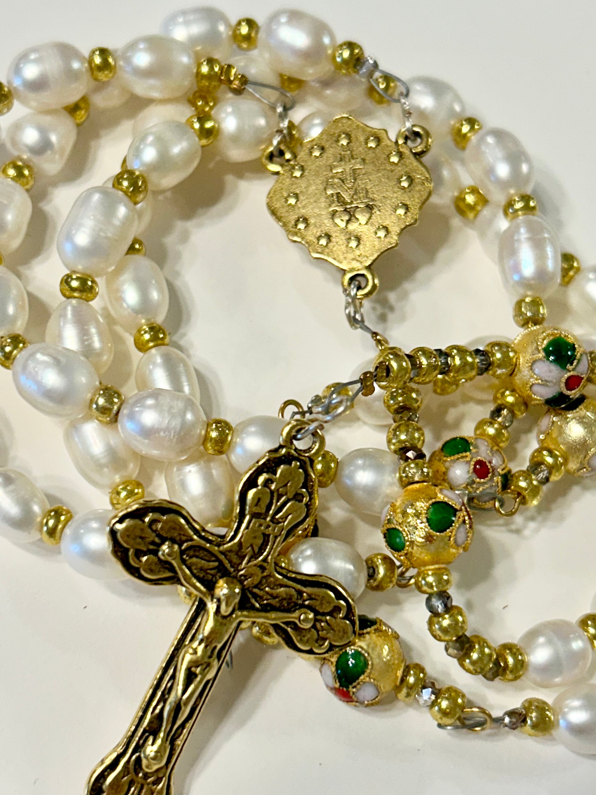 Pearl and Gold Cloisonne Rosary