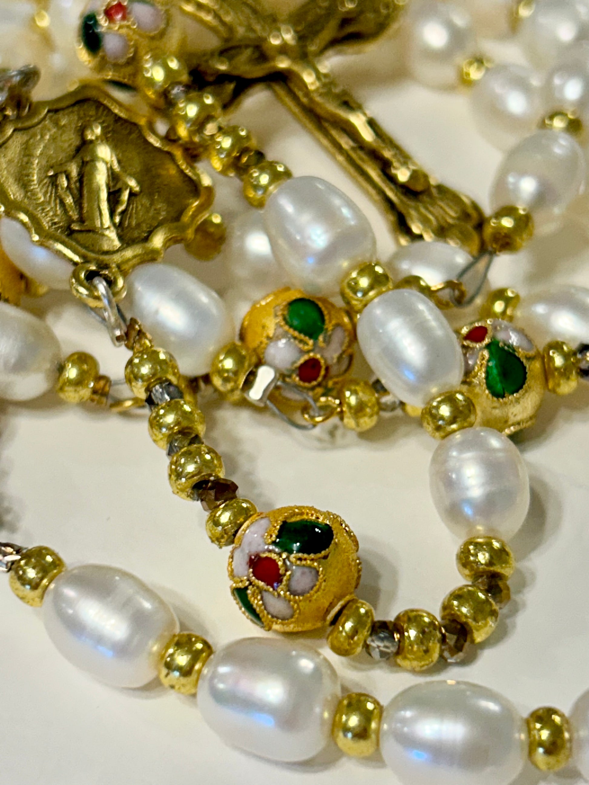 Pearl and Gold Cloisonne Rosary