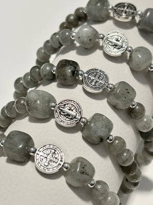 St. Benedict Rosary Bracelet - Genuine Labradorite Stones