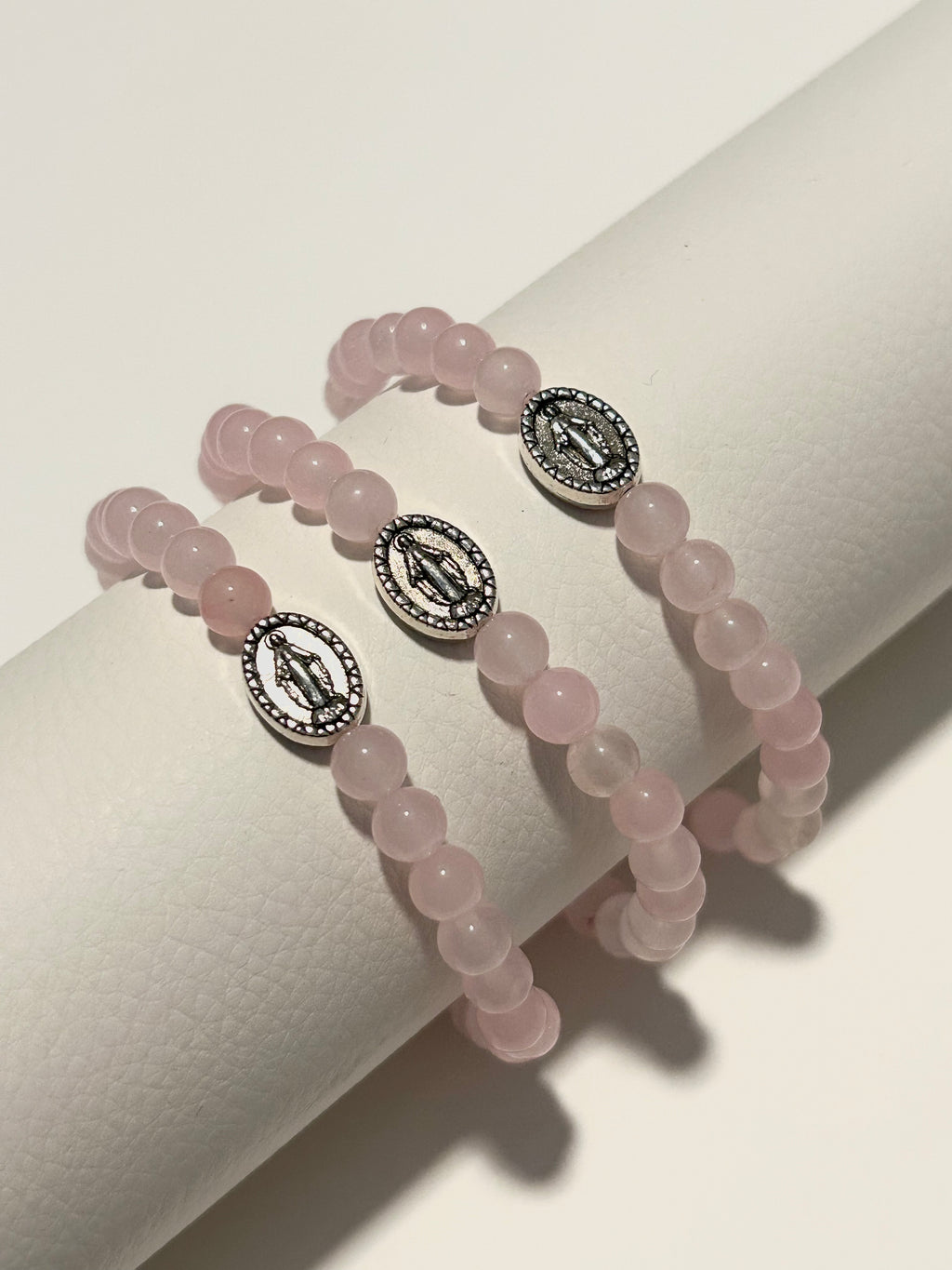 Genuine Rose Quartz Miraculous Medal Bracelet