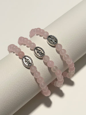 Genuine Rose Quartz Miraculous Medal Bracelet