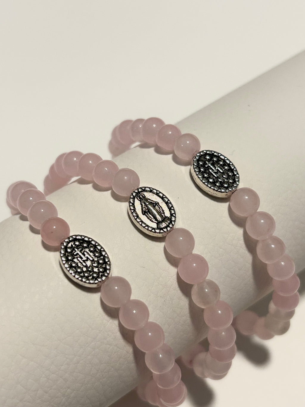 Genuine Rose Quartz Miraculous Medal Bracelet