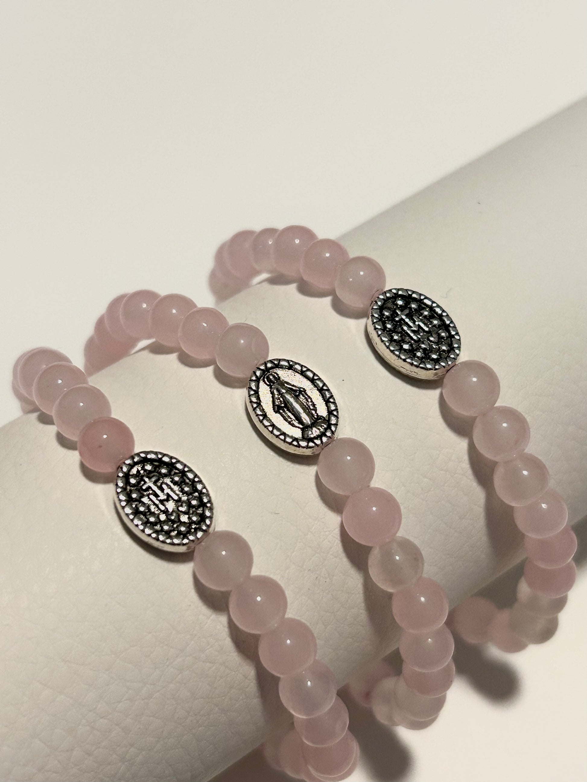 Genuine Rose Quartz Miraculous Medal Bracelet